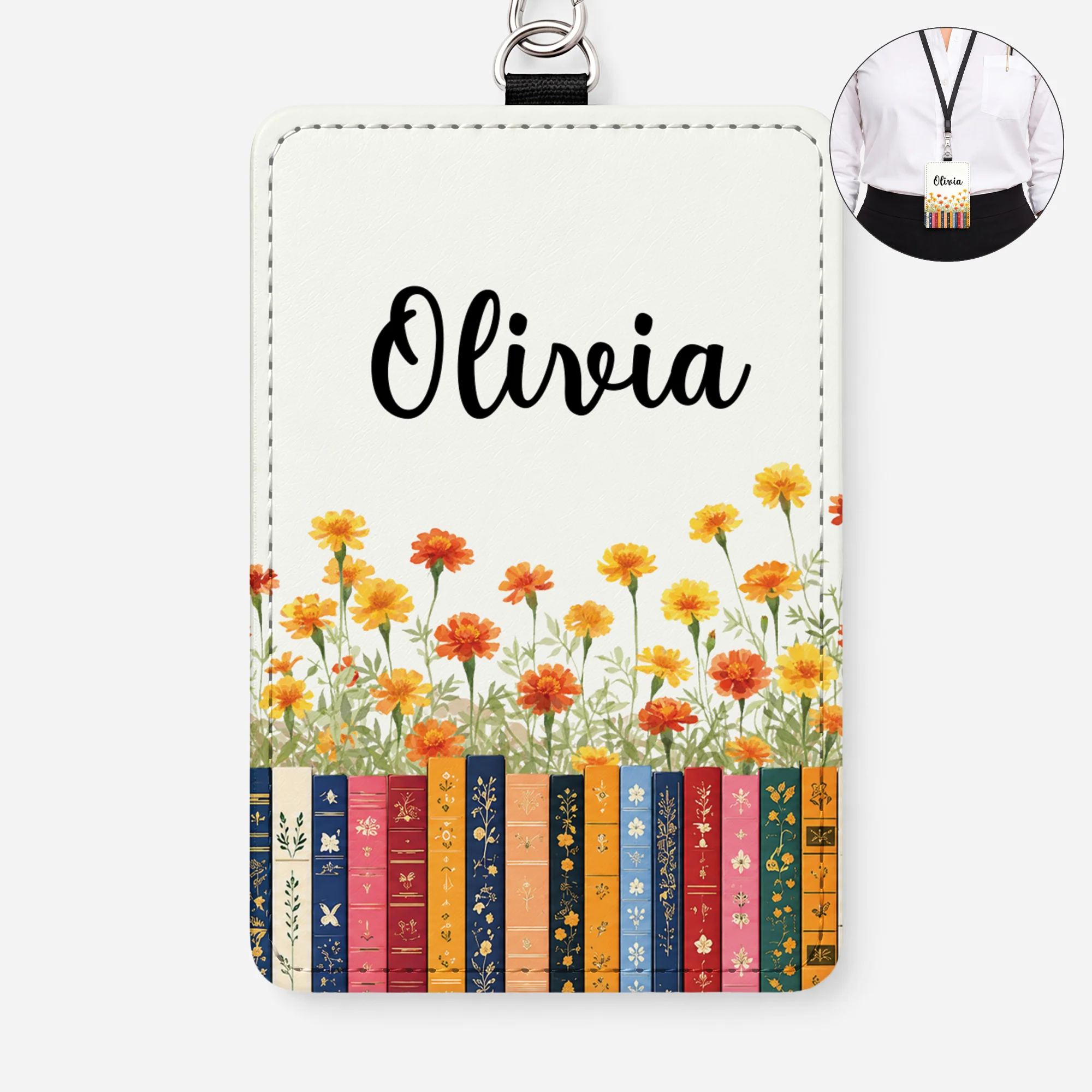 Porte-badge Personnalisé Femme Homme Avec Fleur De Naissance - Cadeau Pour Amoureux Des Livres