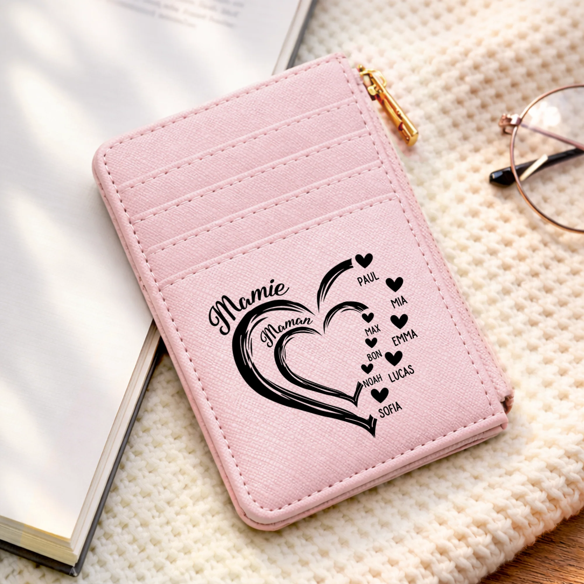 Porte Carte Femme Personnalisé En Cuir - Cadeau Maman Mamie Avec Cœur - Image 2