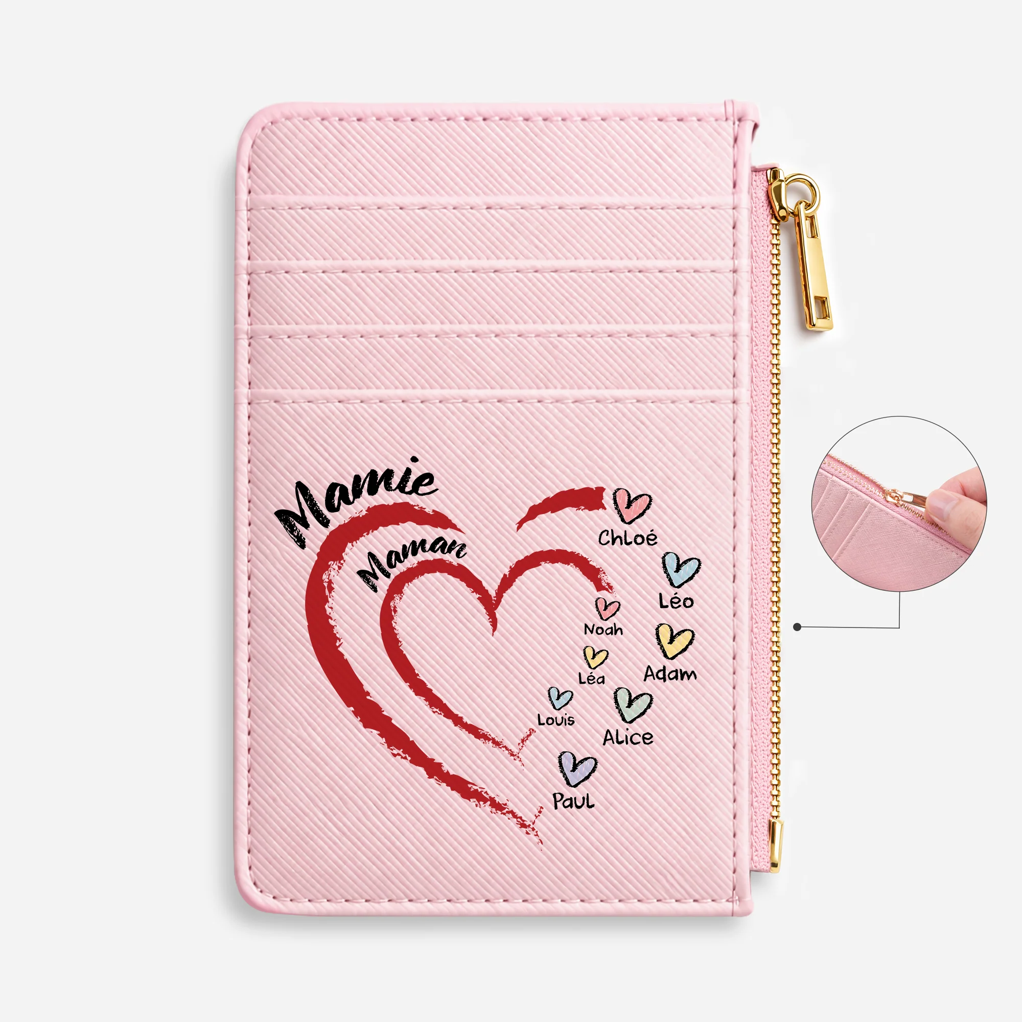 Porte-carte Personnalisé Cuir - Coeur De Maman Et Mamie Avec Fleur