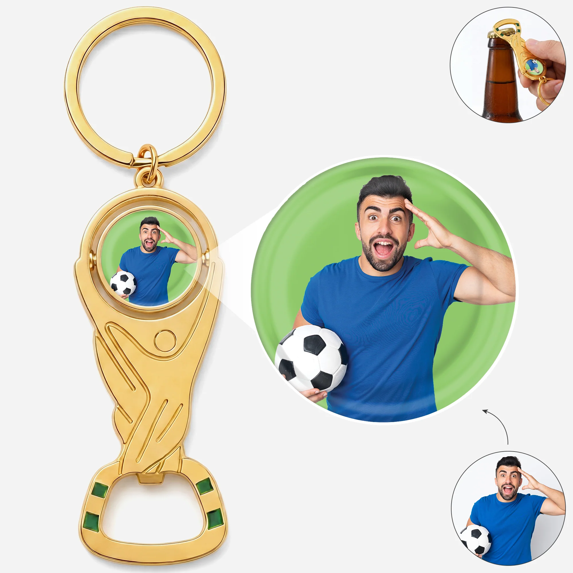 Porte-clé Décapsuleur Personnalisé Forme De Trophée Foot - Cadeau Fan De Foot Avec Photo