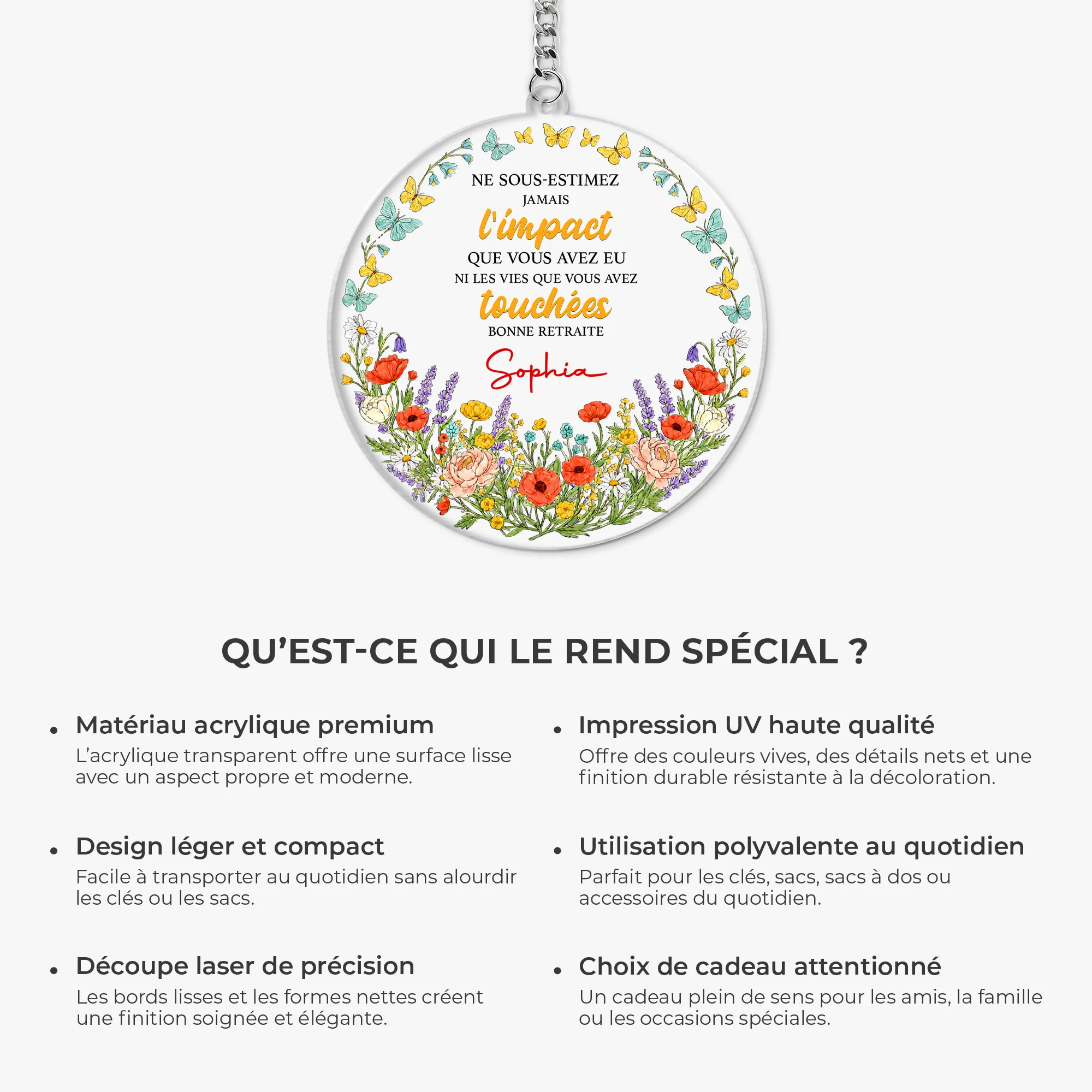 Porte Clés Acrylique Personnalisé - Bonne Retraite Ne Sous-estimez Jamais Votre Impact - Image 6