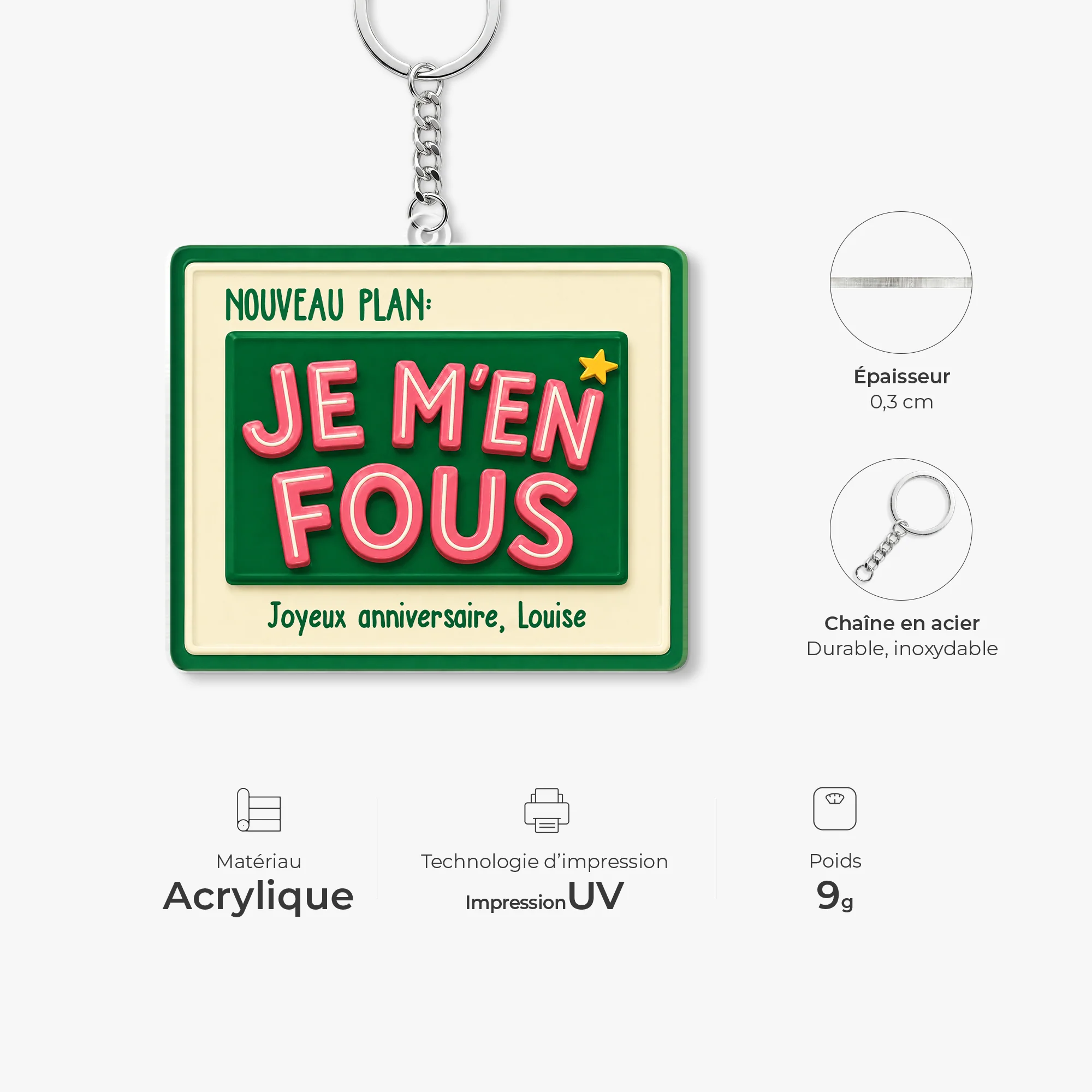 Porte-clés Acrylique Personnalisé Cadeau Anniversaire - Nouveau Plan Je M'en Fous - Image 4