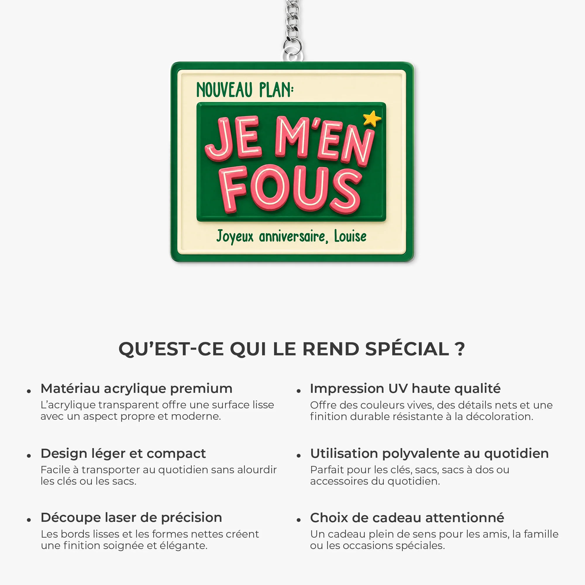 Porte-clés Acrylique Personnalisé Cadeau Anniversaire - Nouveau Plan Je M'en Fous - Image 6