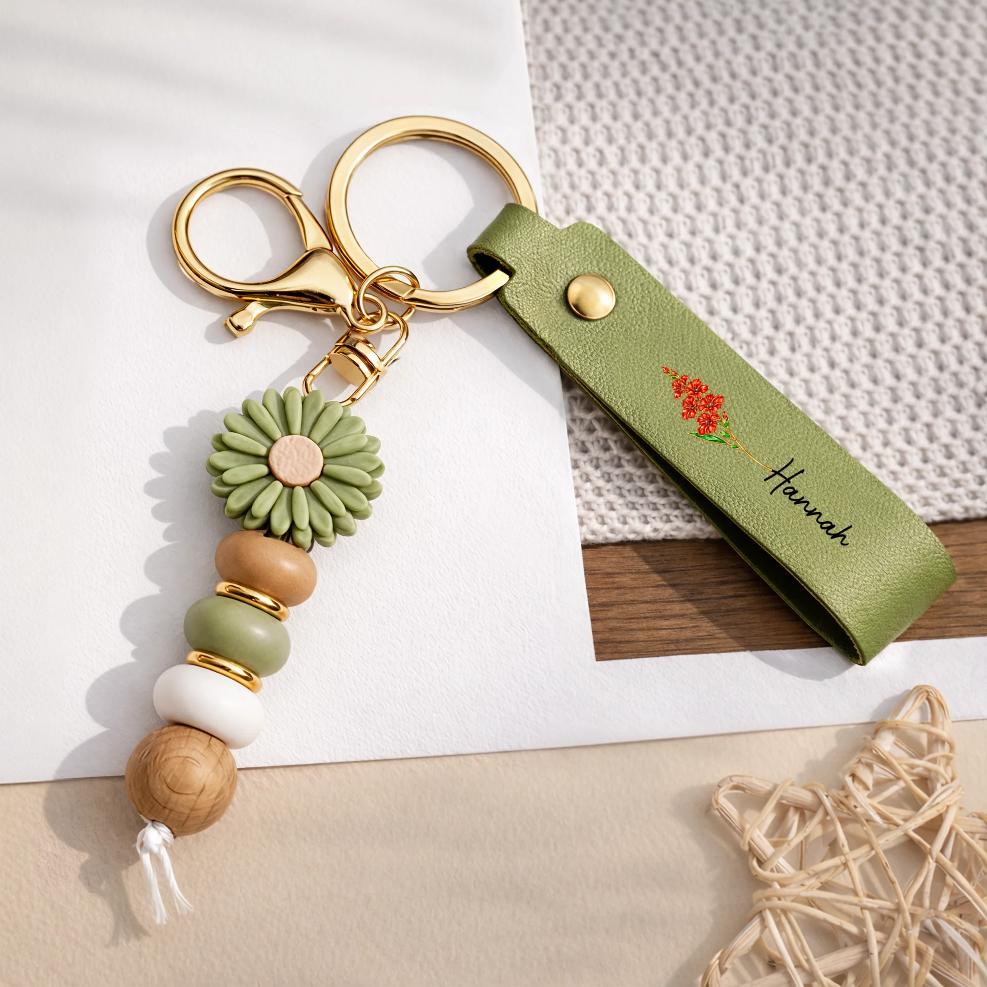 Porte Clé Marguerite | Cuir Personnalisé Fleur Petit Cadeau Femme - Image 2
