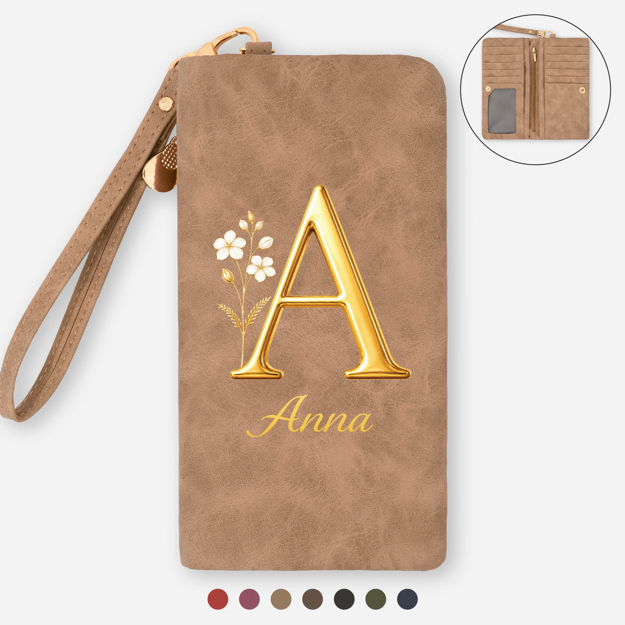Portefeuille Cuir Personnalisé Avec Dragonne - Cadeau Pour Femme Avec Fleur De Naissance