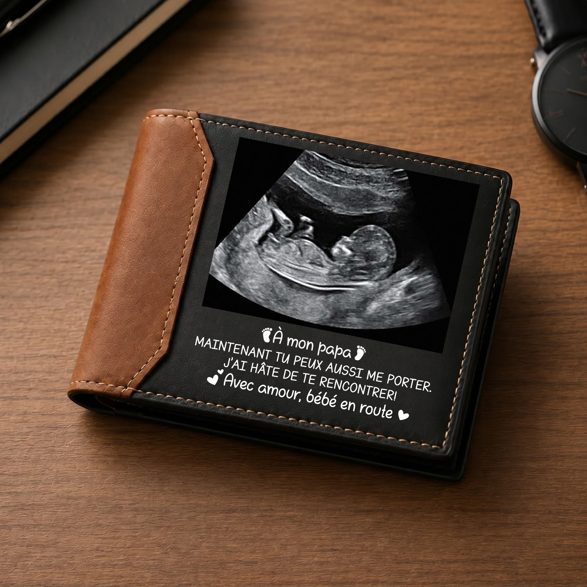 Portefeuille Cuir Personnalisé Haut De Gamme Photo Échographique - Bébé A Hâte De Te Voir - Image 2