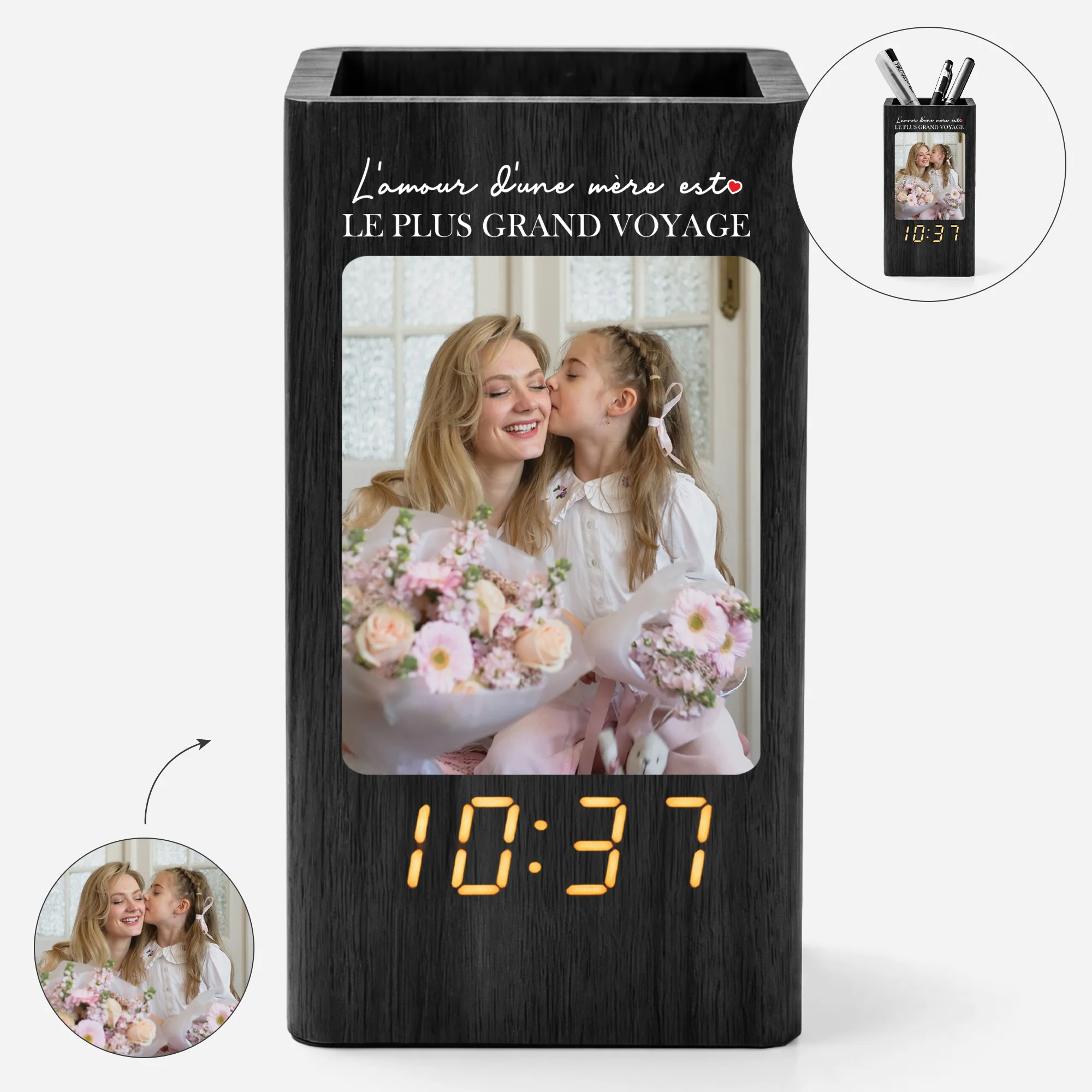 Pot À Crayon Personnalisable Avec Horloge Avec Photo - Cadeau Papa Et Maman Avec Amour - Image 2