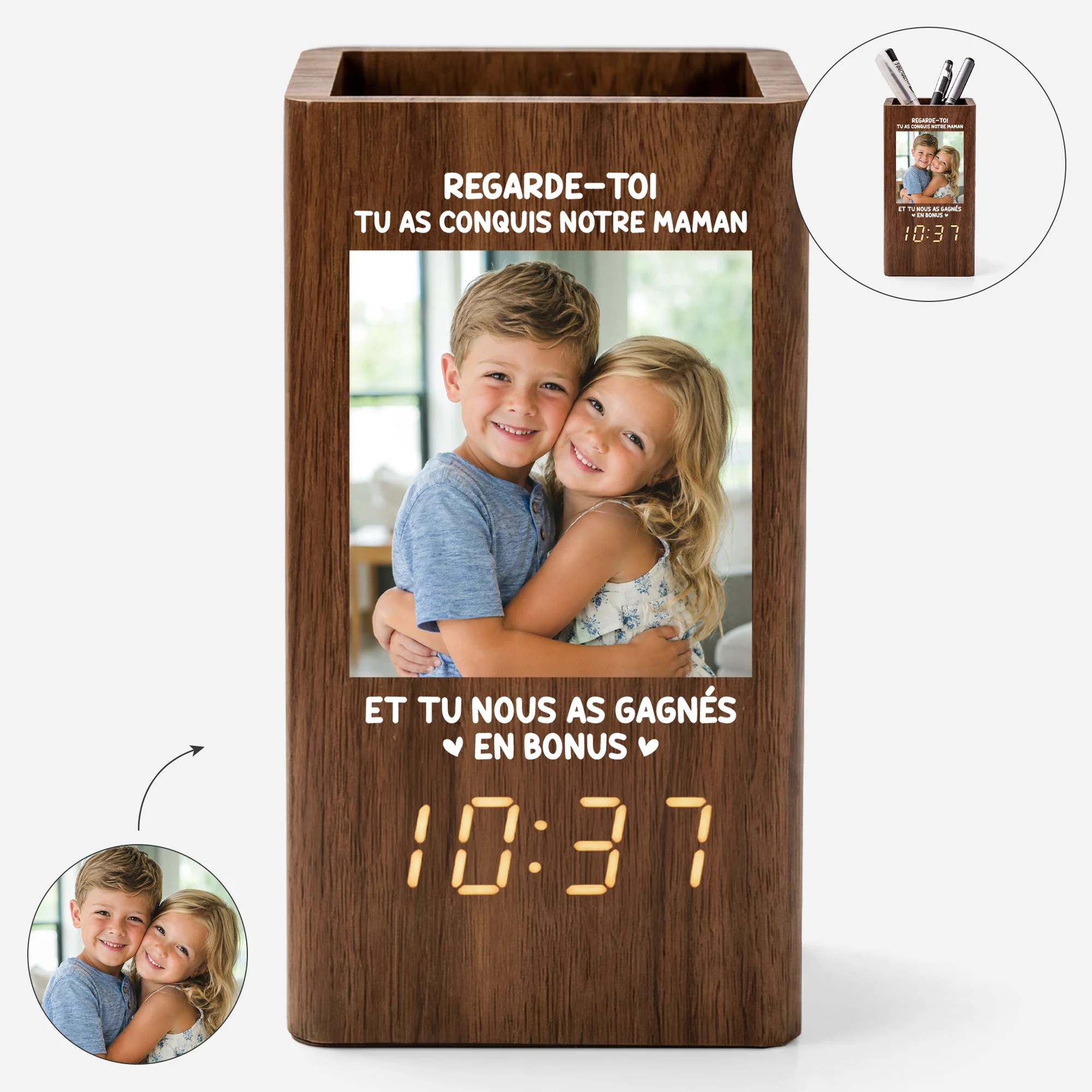 Pot À Crayon Personnalisable Avec Horloge Photo Humour - Papa Nous A Gagnés En Bonus