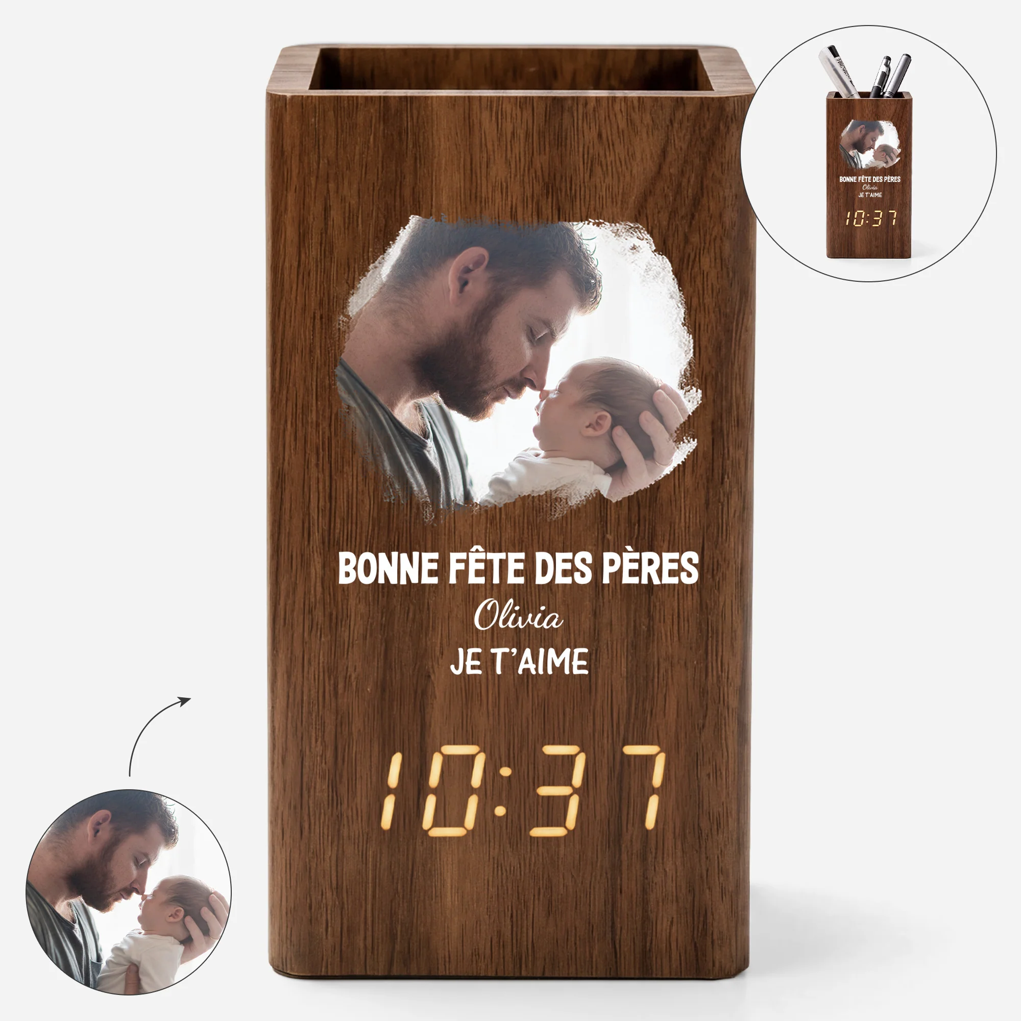Pot À Crayons Personnalisé Avec Horloge Papa Maman - Cadeau Fête Des Pères Avec Photo