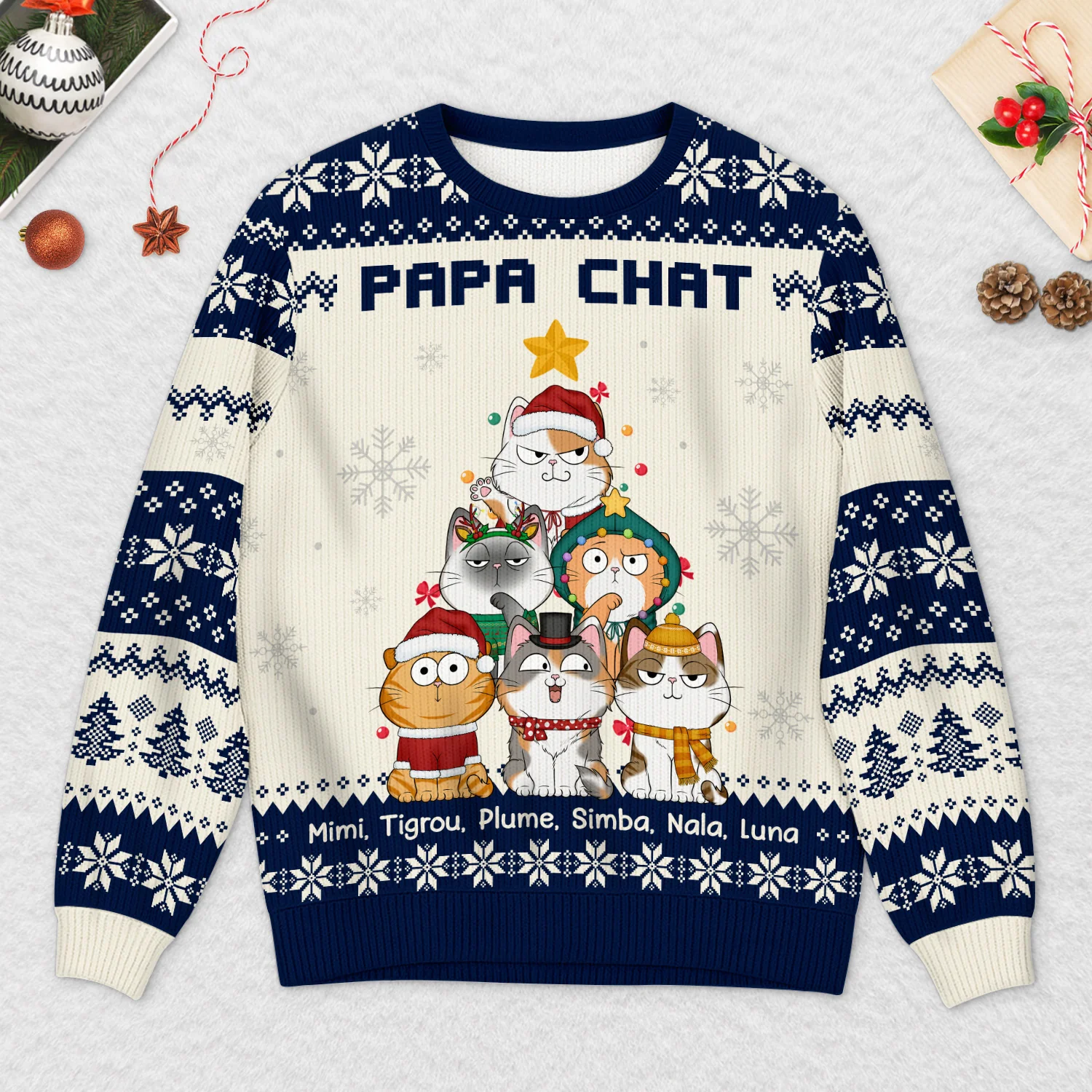 Pull Moche Chat De Noël Personnalisé - Sapin Maman Chat - Image 2