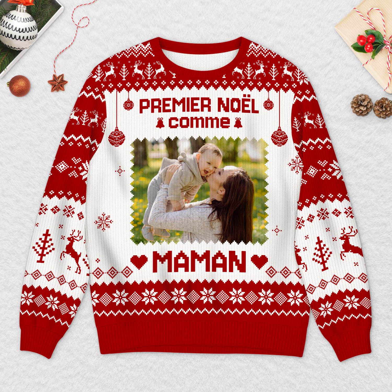 Pull Moche De Noël Personnalisé Avec Photo - Premier Noël Comme Papa Maman - Image 2