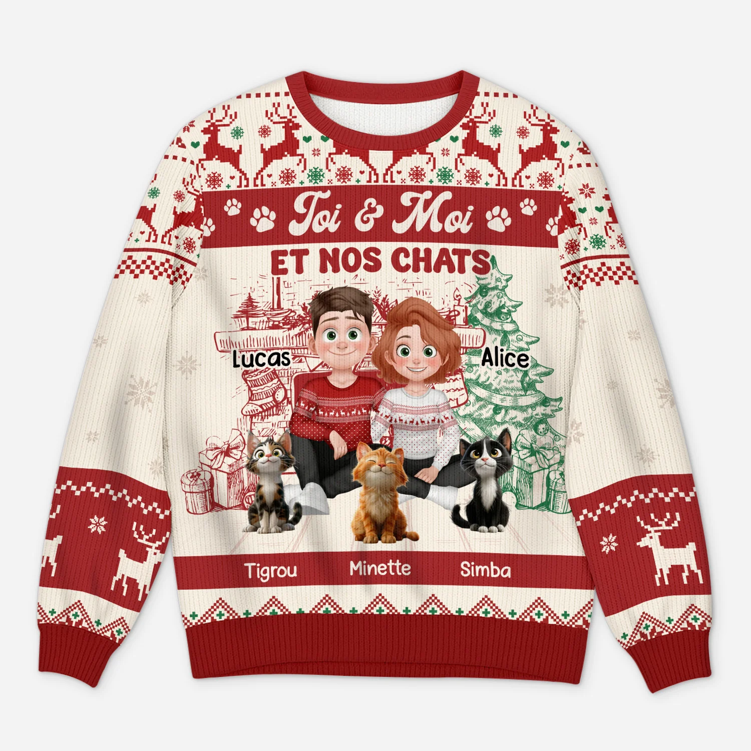 Pull Moche de Noël Personnalisé - Le Couple et Leur Chat