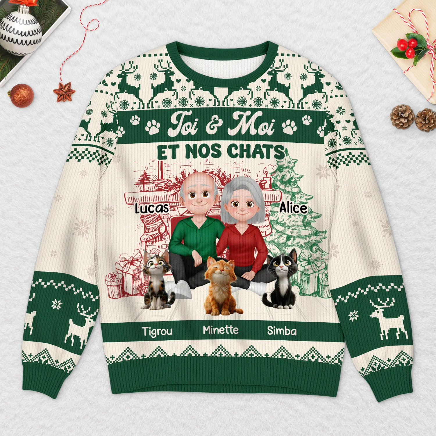 Pull Moche de Noël Personnalisé - Le Couple et Leur Chat - Image 2