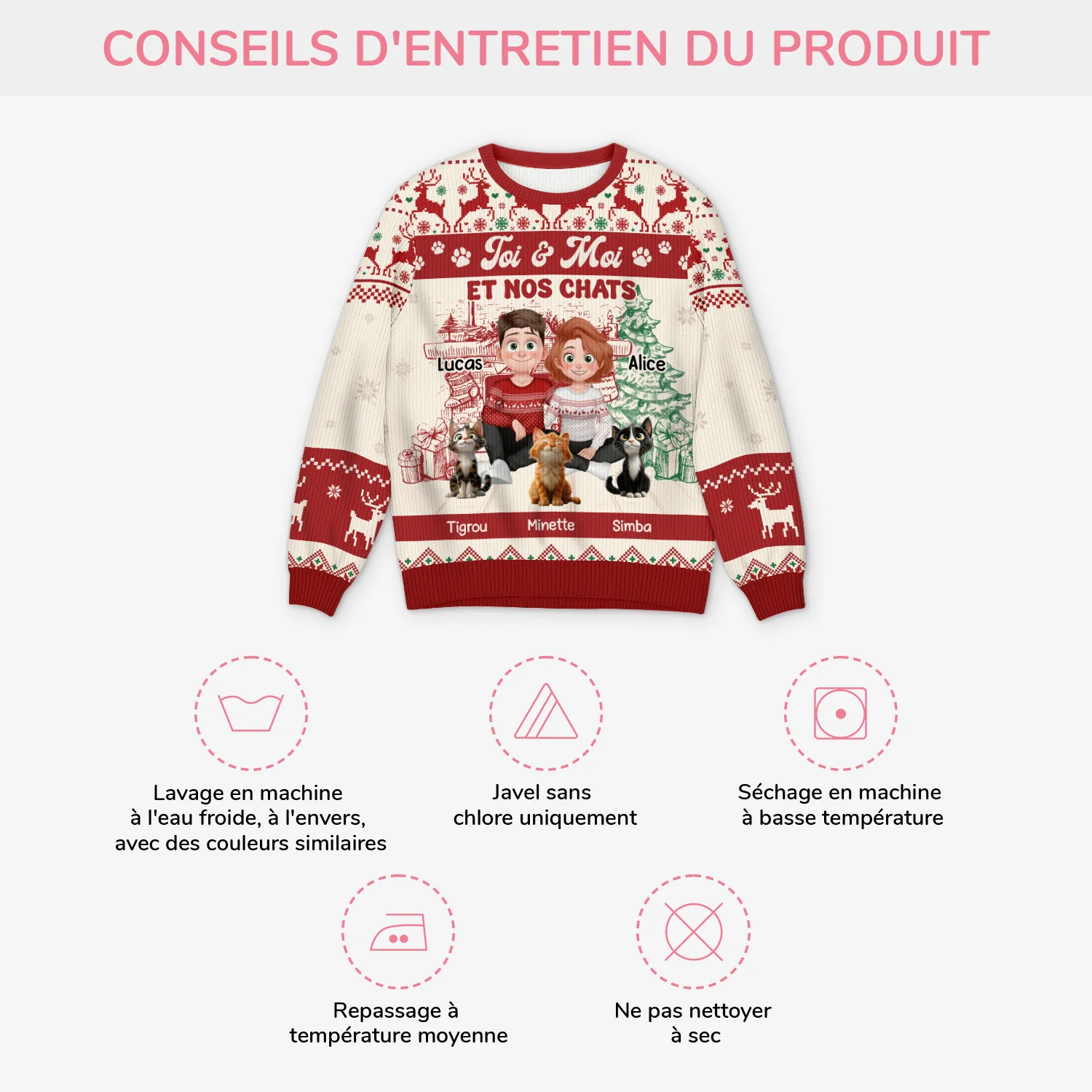 Pull Moche de Noël Personnalisé - Le Couple et Leur Chat - Image 4