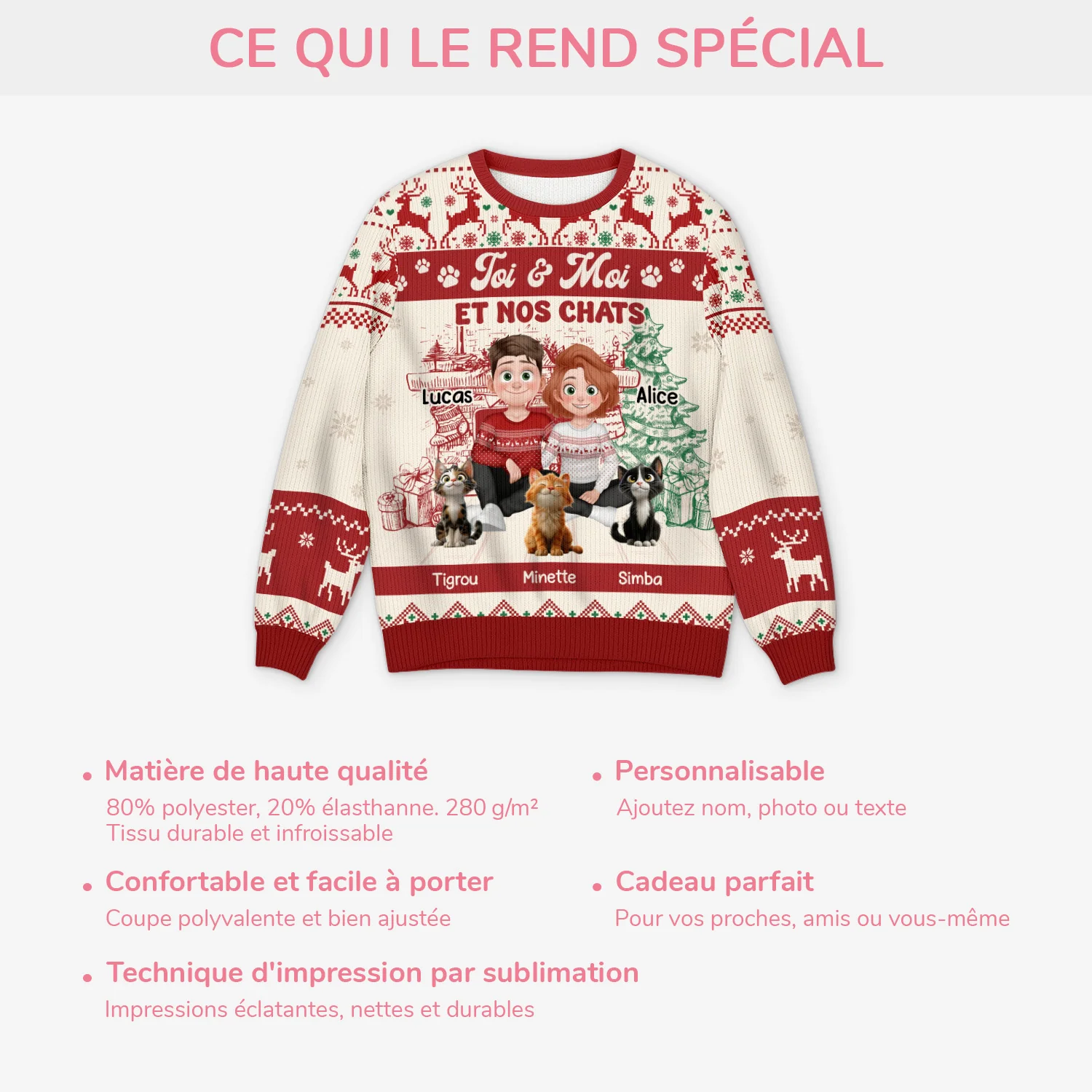 Pull Moche de Noël Personnalisé - Le Couple et Leur Chat - Image 5