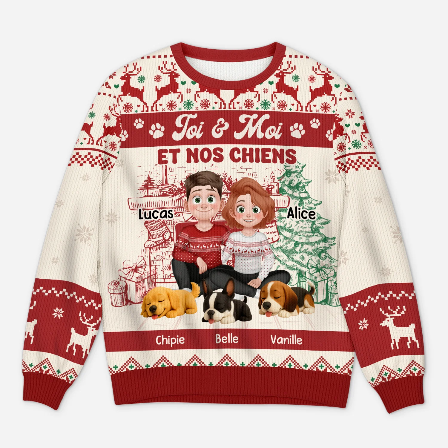 Pull Noël Personnalisé Animaux - Le Couple et Leur Chien