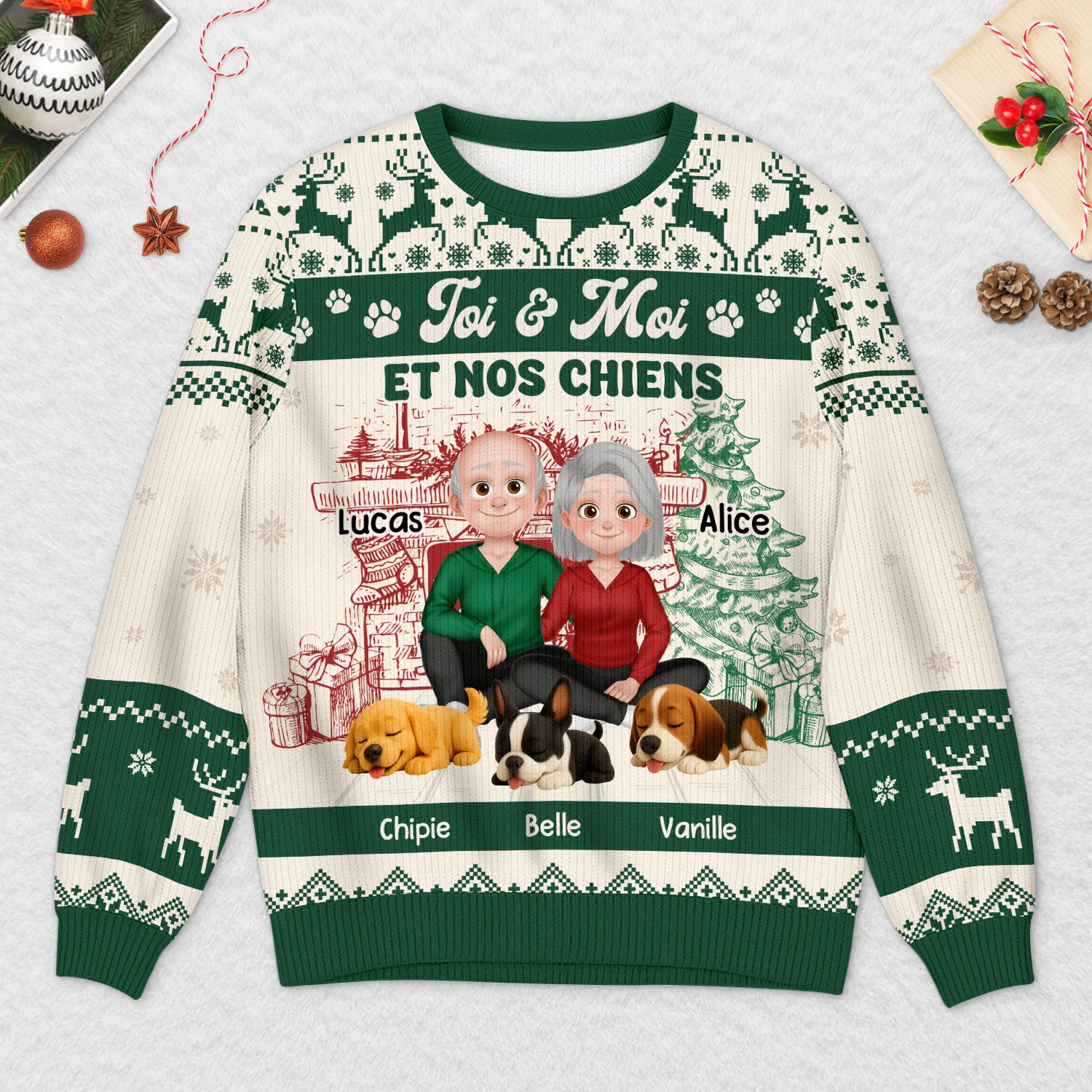 Pull Noël Personnalisé Animaux - Le Couple et Leur Chien - Image 2