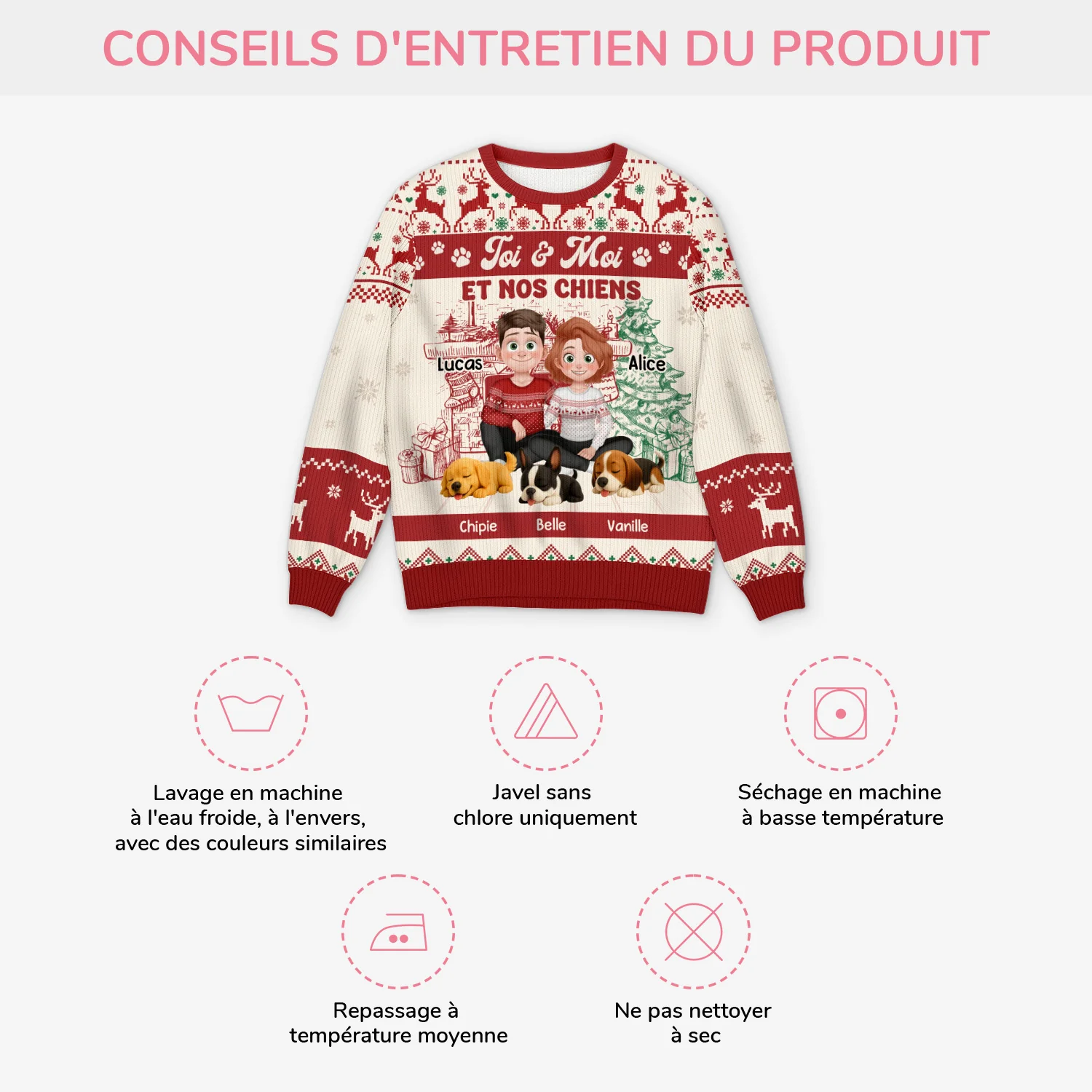Pull Noël Personnalisé Animaux - Le Couple et Leur Chien - Image 4