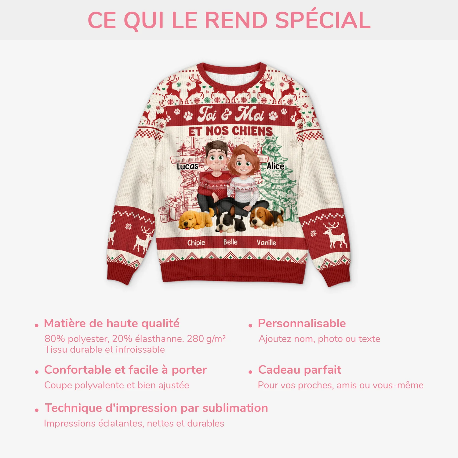 Pull Noël Personnalisé Animaux - Le Couple et Leur Chien - Image 5