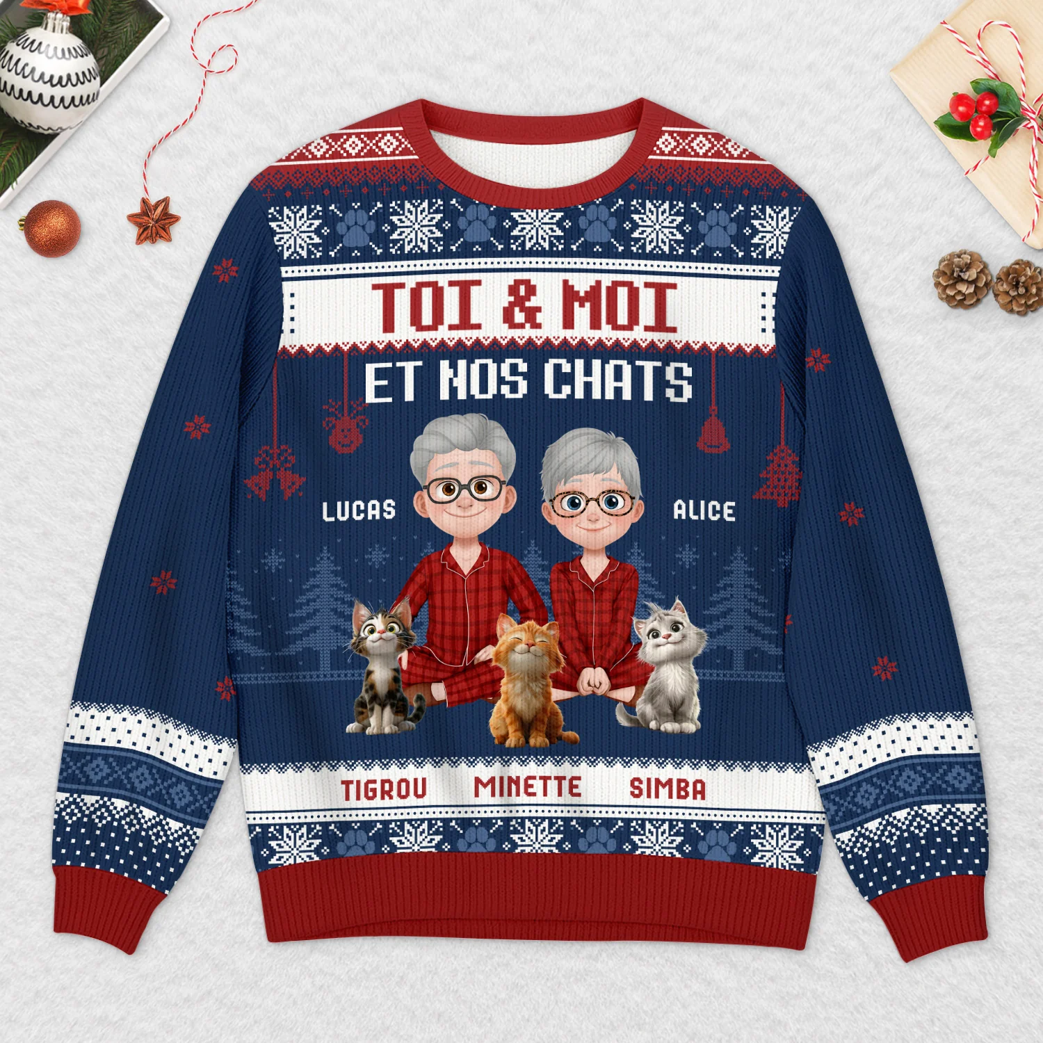 Pull Moche De Noël Personnalisé Couple - Toi Moi Et Notre Chat Version La Nuit - Image 2