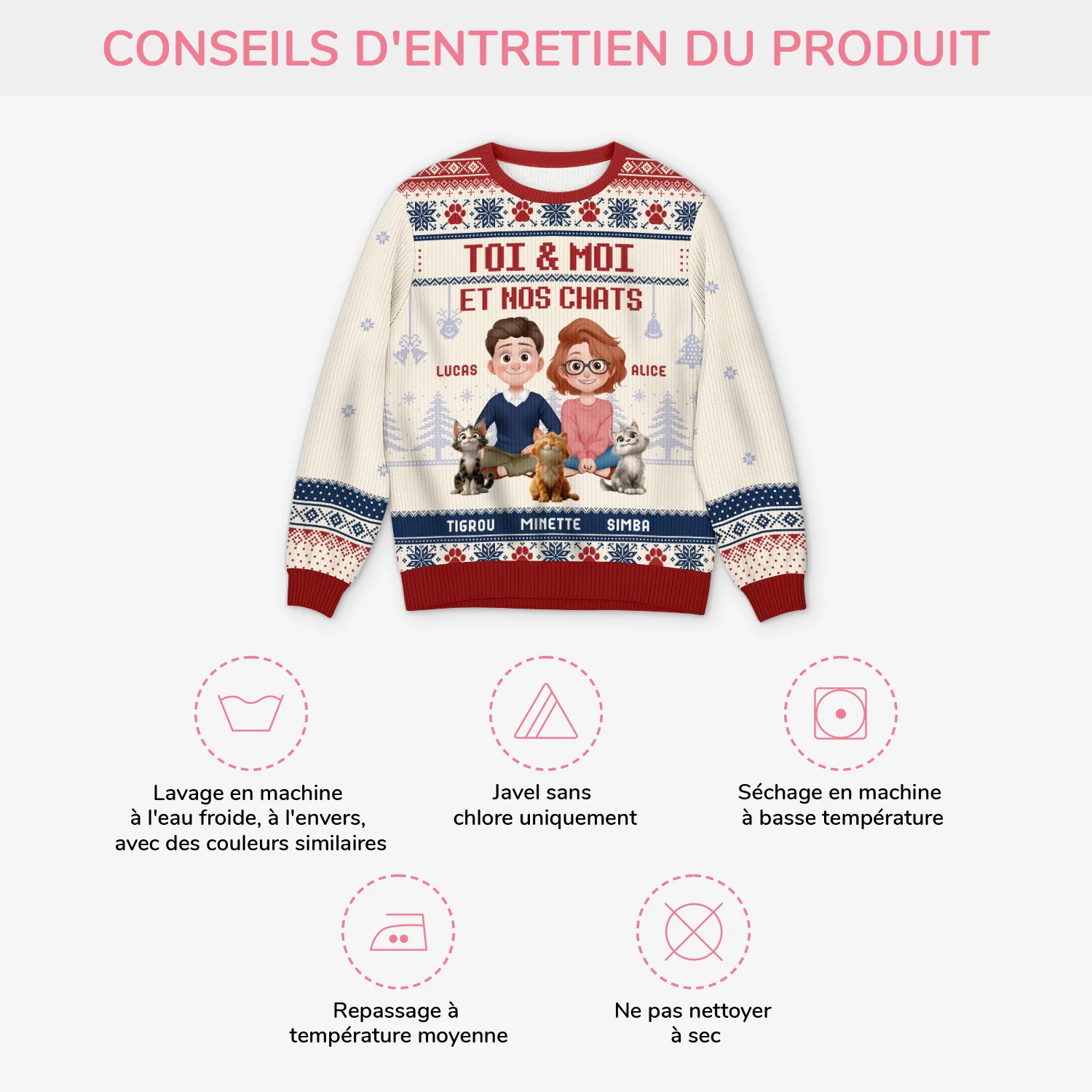 Pull Moche De Noël Personnalisé Couple - Toi Moi Et Notre Chat Version La Nuit - Image 4