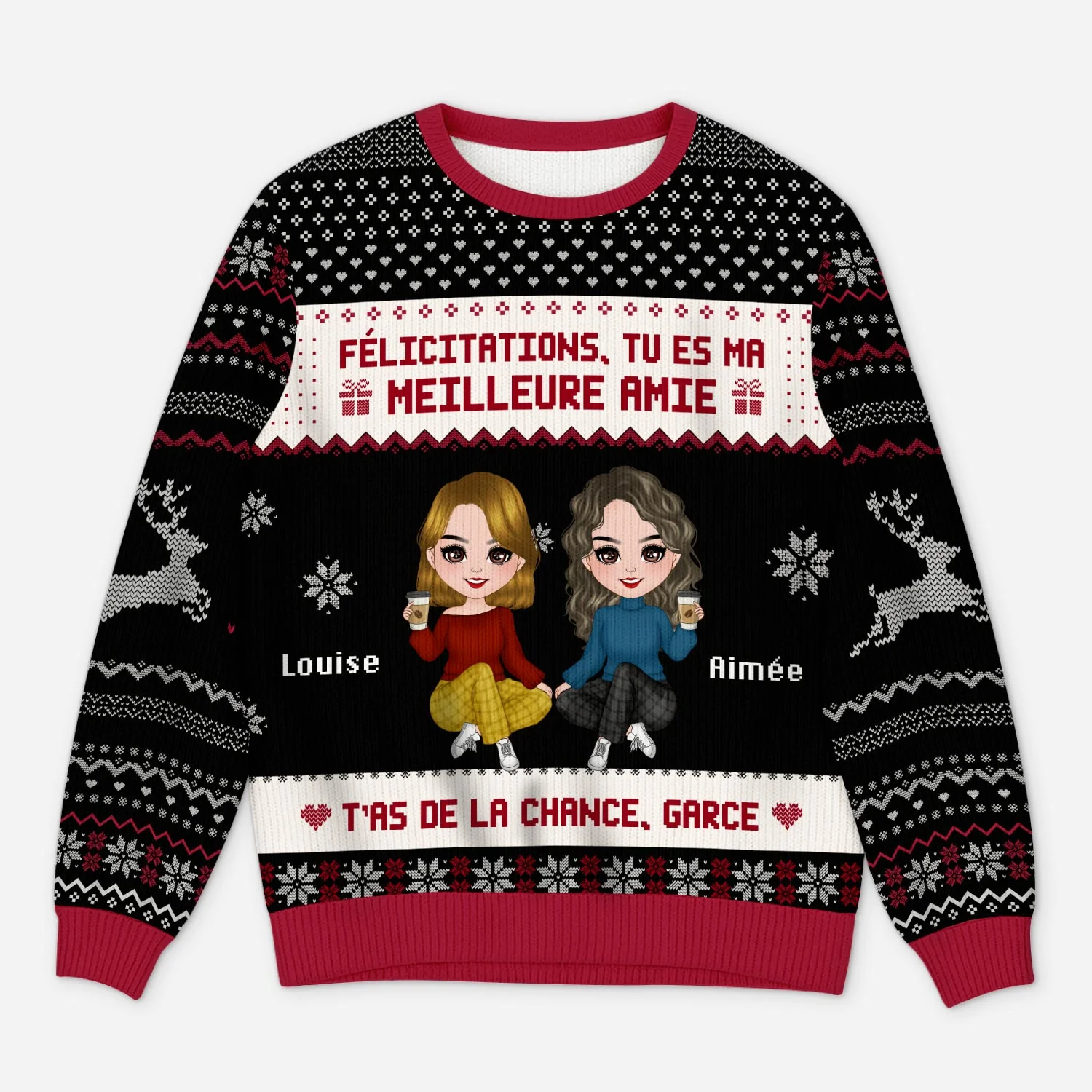 Pull Moche De Noël Personnalisé Drôle Pour Femme - Félicitations Meilleure Amie Version Cartoon