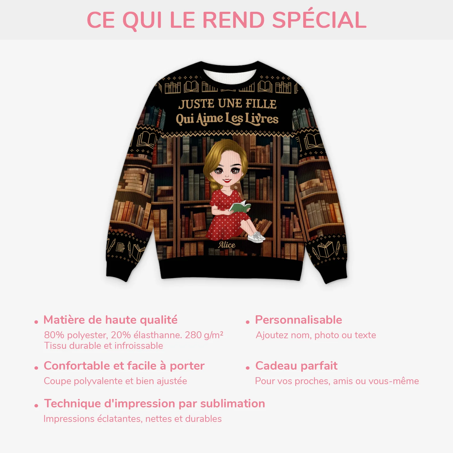 Pull Moche Personnalisé Noel - Juste une Fille Qui Aime Les Livres - Image 5