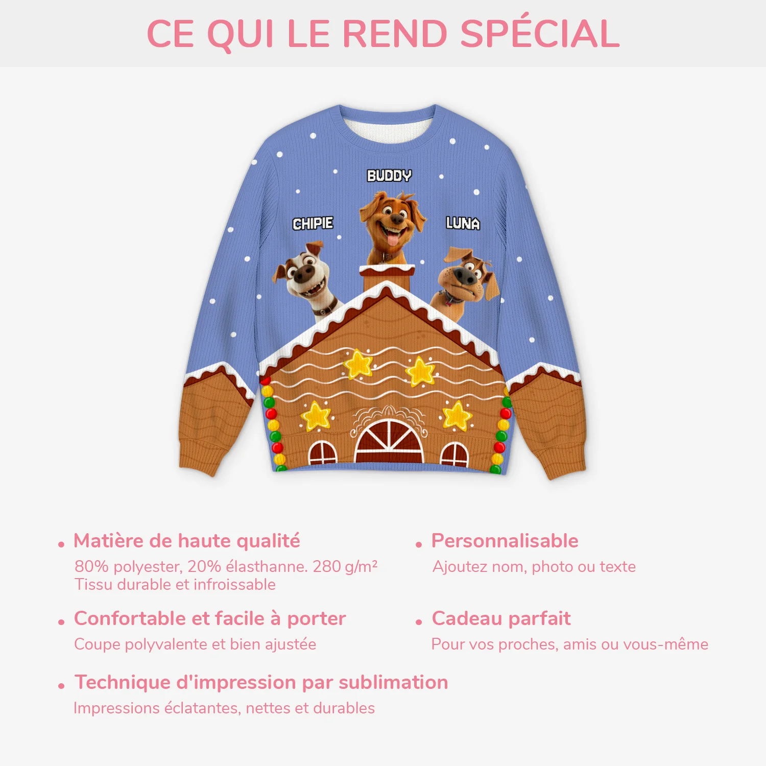 Pull Moche De Noël Personnalisé - Père Noël Et Des Chiens - Image 5
