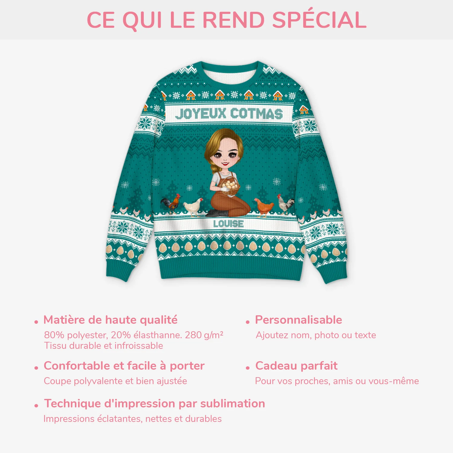 Pull Moche Noël Personnalisé – Joyeux Cotcot Noël - Image 5