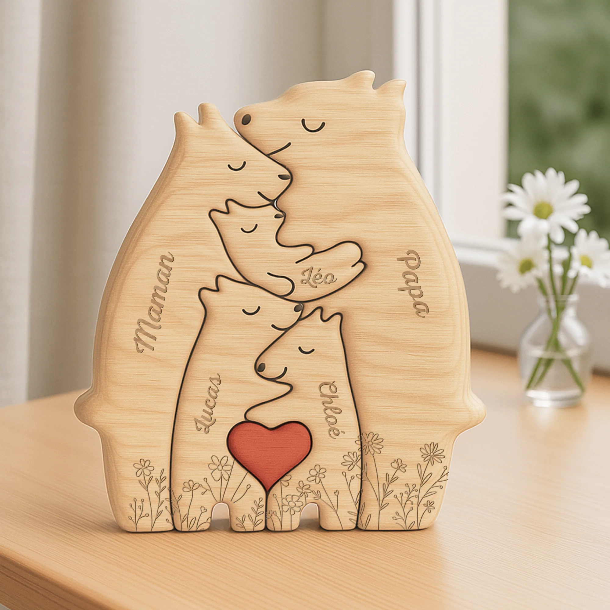 Puzzle En Bois Personnalisé avec Prénoms – Famille Ours et Fleurs - Image 2