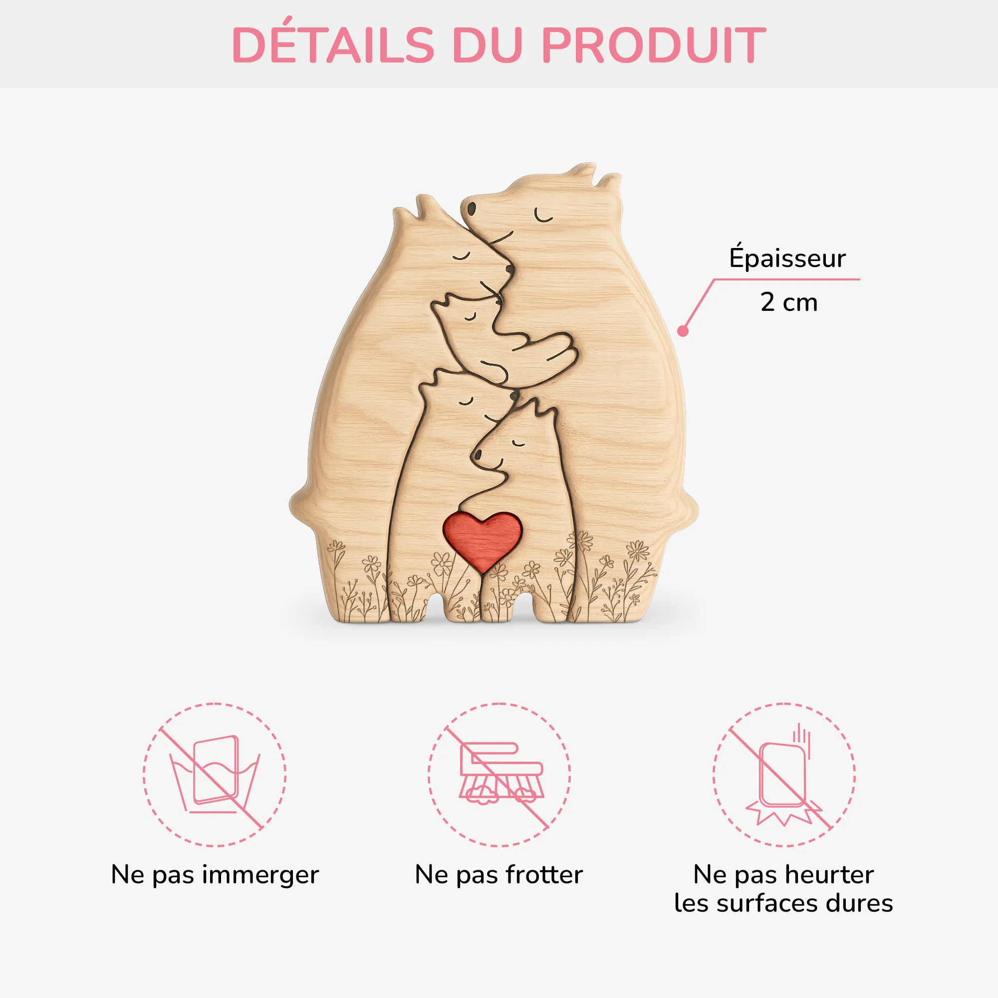 Puzzle En Bois Personnalisé avec Prénoms – Famille Ours et Fleurs - Image 3