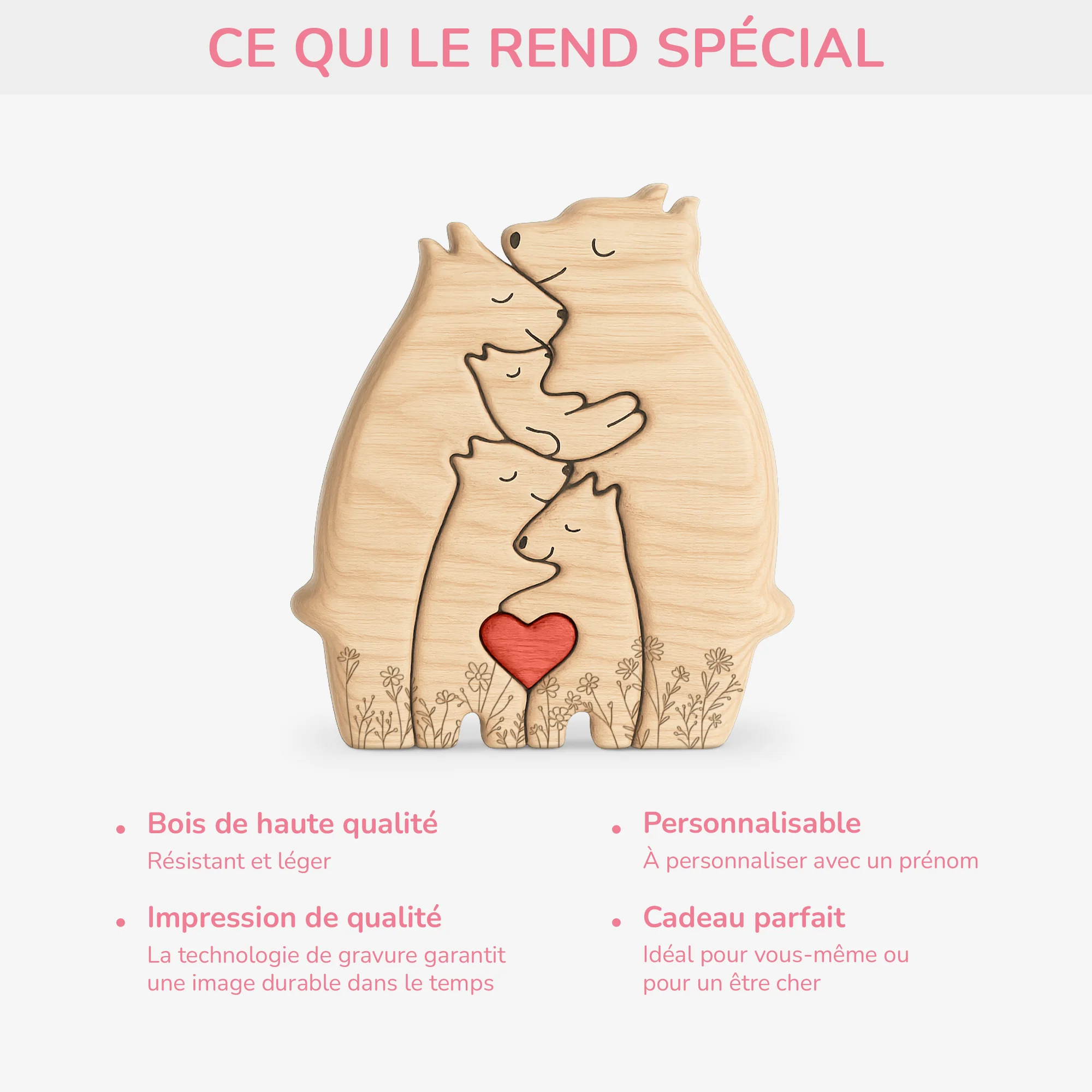 Puzzle En Bois Personnalisé avec Prénoms – Famille Ours et Fleurs - Image 4