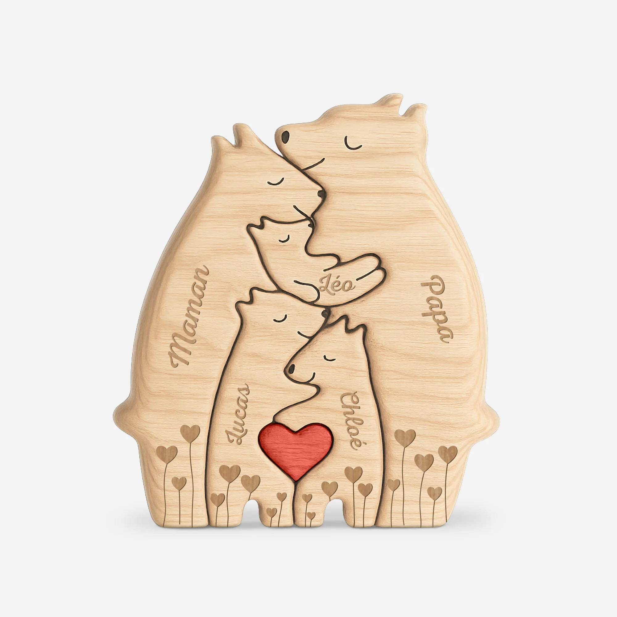 Puzzle En Bois Personnalisé Pour Parents Et Grands-parents - Famille Ours Avec Cœur