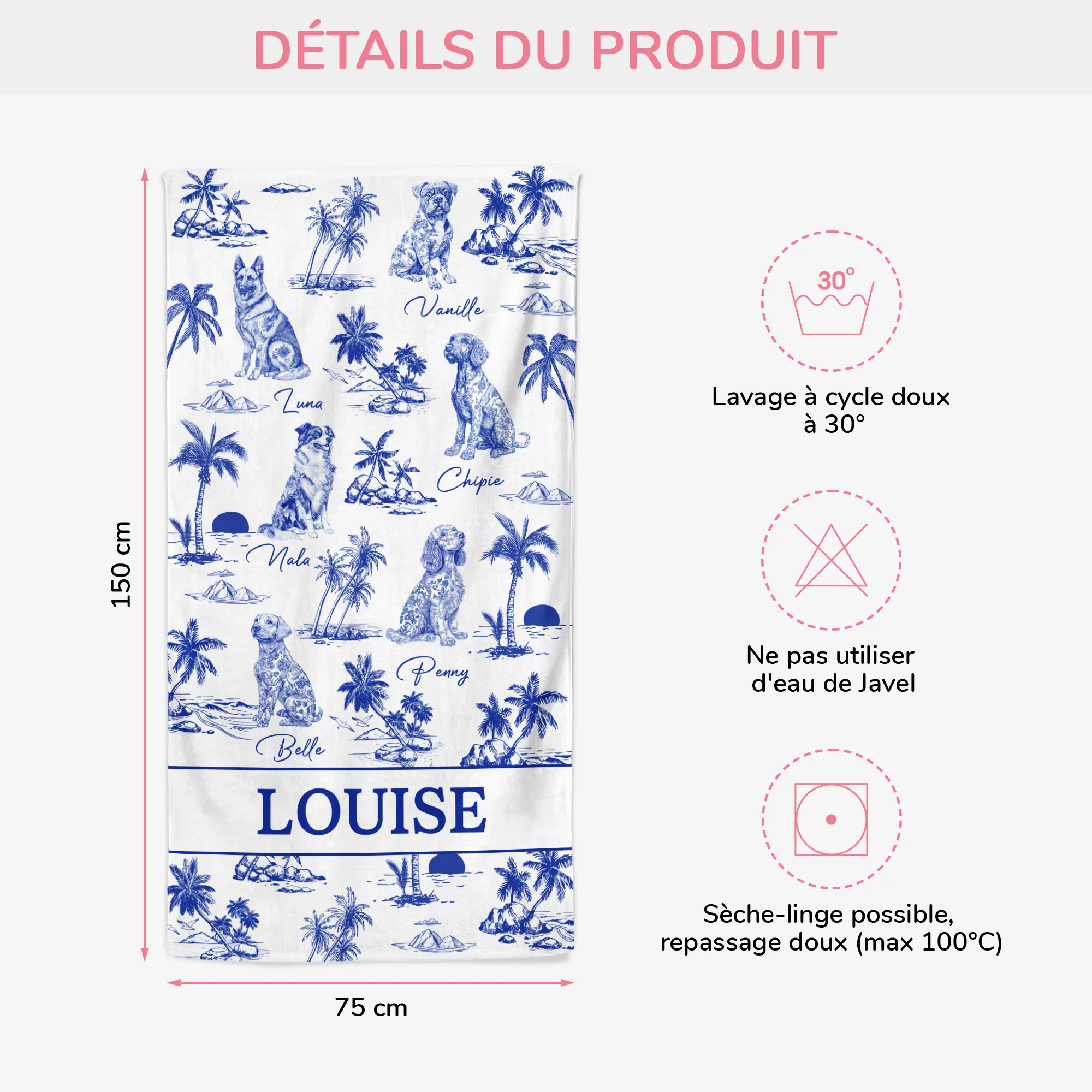 Cadeau Personnalisé Avec Chien | Serviette Plage Style Blue Toile - Image 3