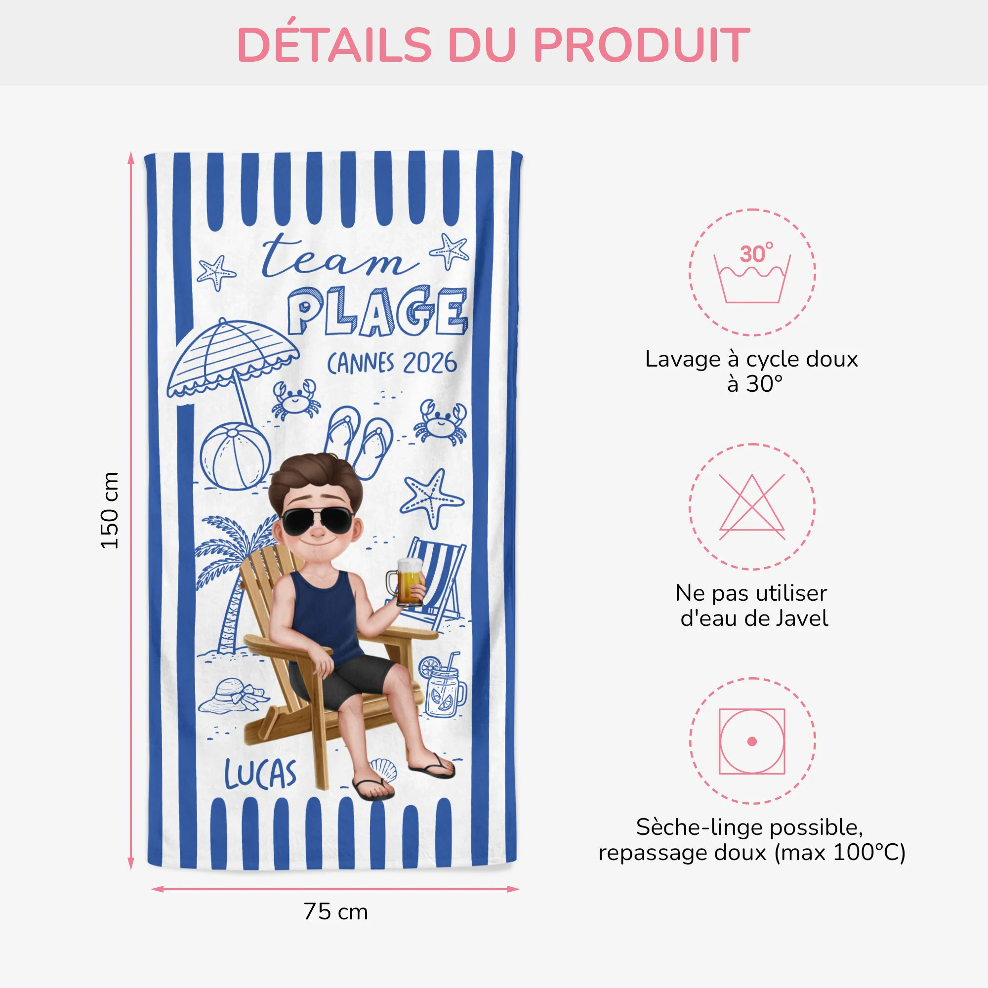 Serviette De Plage Personnalisée Prénom - Bande De La Plage En Été - Image 3
