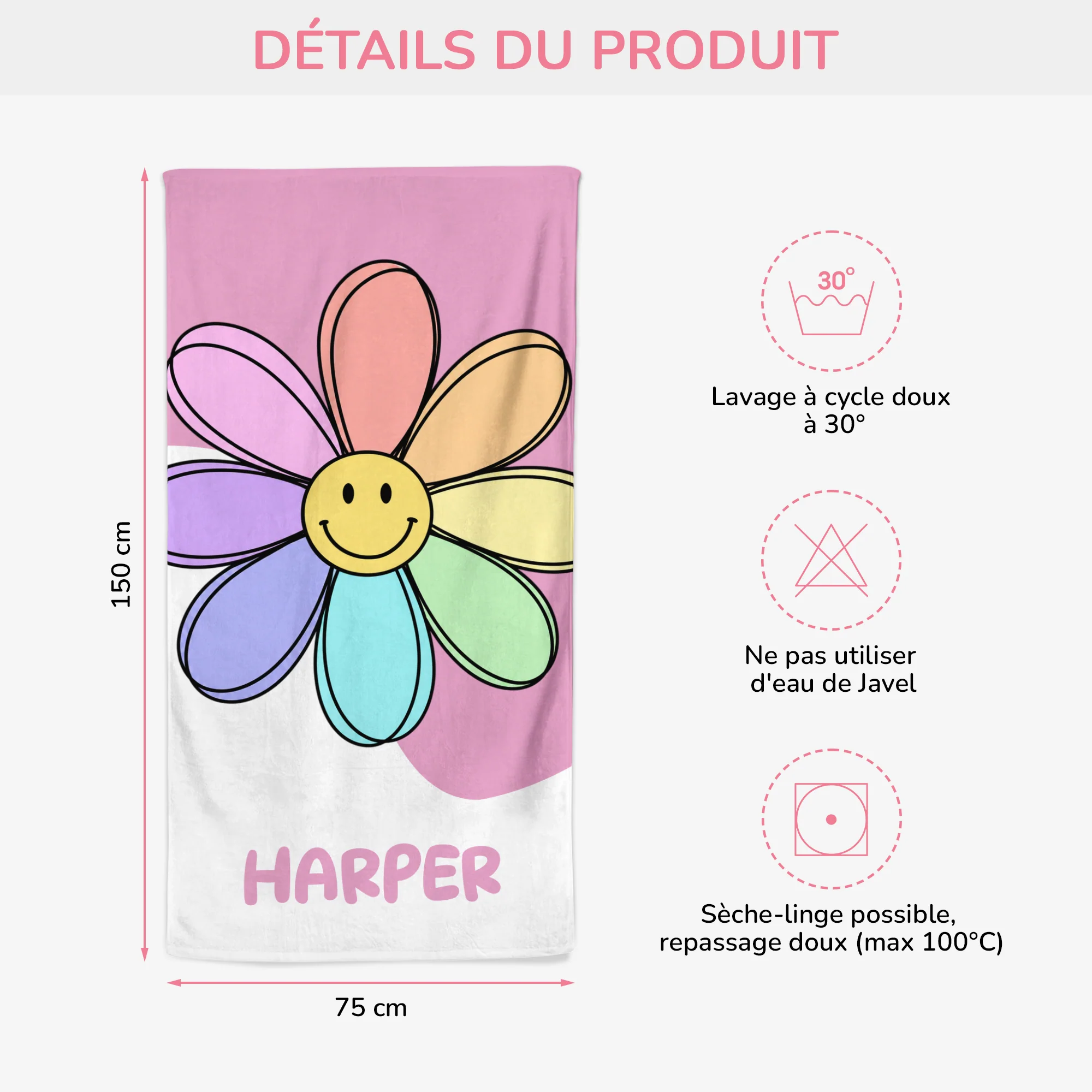 Serviette Plage Personnalisée - Cadeau Été Avec Dessin Fleur - Image 3