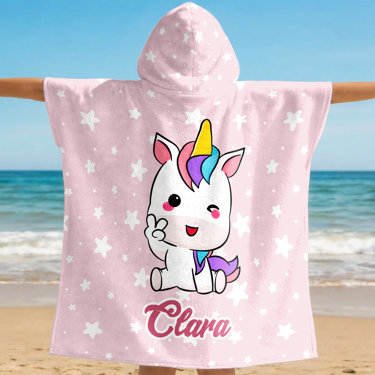 Serviette Plage Personnalisée Enfant Avec Capuche - Cadeau Été Avec Dessin Licorne Et Cheval - Image 3