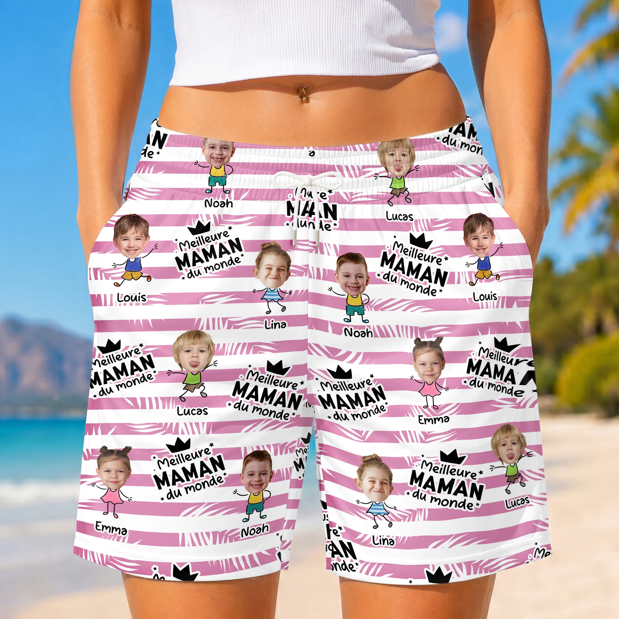 Short De Plage Pour Femme Homme Hawaïen Personnalisé - Meilleure Maman Meilleur Papa - Image 2