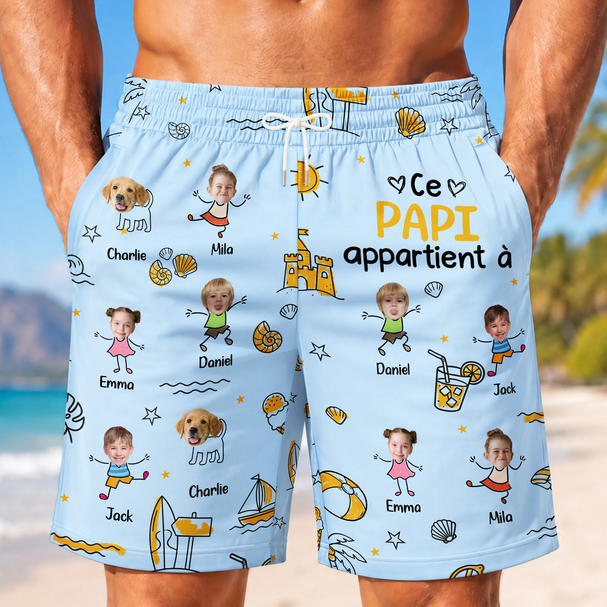 Short Hawaïen Homme Pour Plage Personnalisé Avec Photo - Papa Papy Appartient À - Image 2