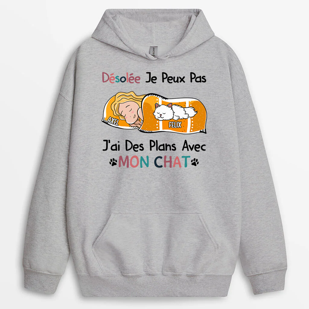 Sweat à Capuche J'ai Des Plans Avec Mon Chat Personnalisé - Image 2