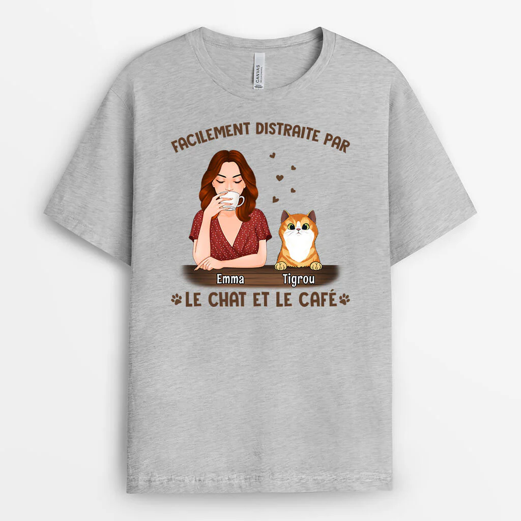 T-shirt Facilement Distraite Par Les Chats Et Le Café Personnalisé - Image 2