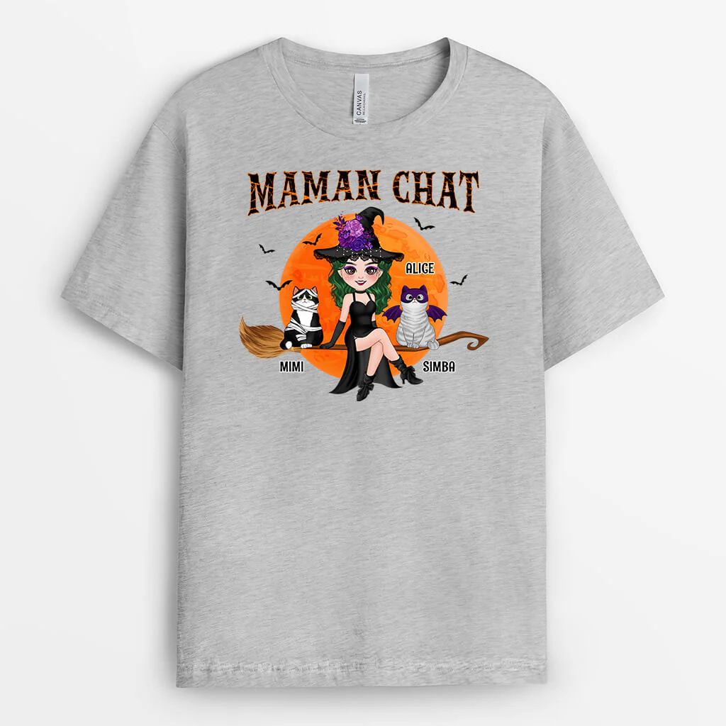 T-shirt Personnalisé Maman - Maman Chat Sorcière Avec Son Balai - Image 2