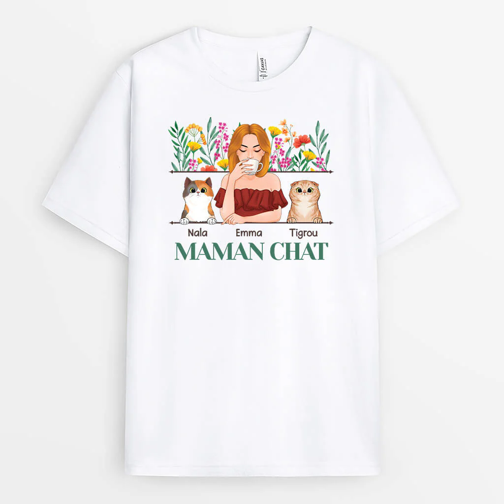 T-shirt Maman De Chat Version Fleur Personnalisé - Image 2