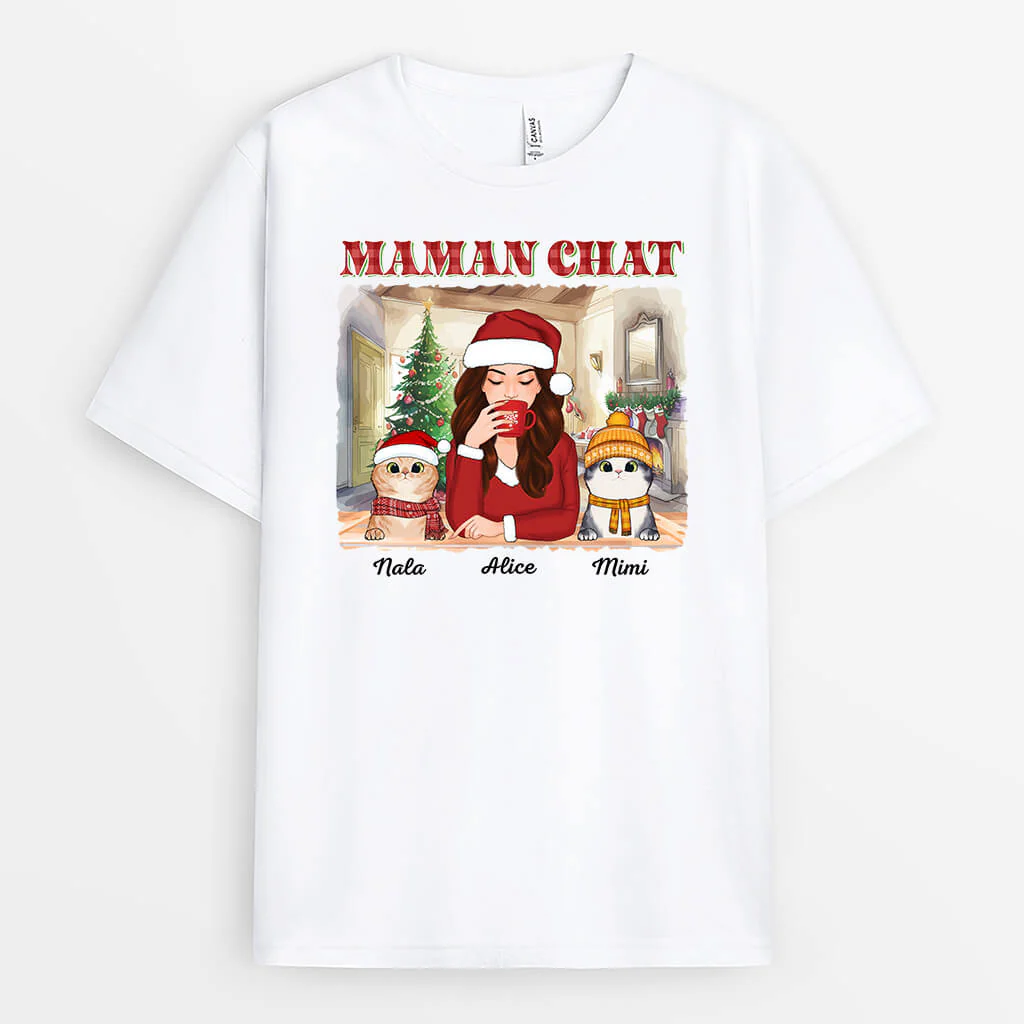 T-shirt Maman De Chat Version Noël Personnalisé