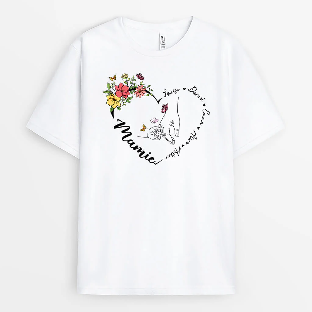 T-shirt Maman/Mamie Promises Cadre Coeur Avec Fleurs Personnalisé