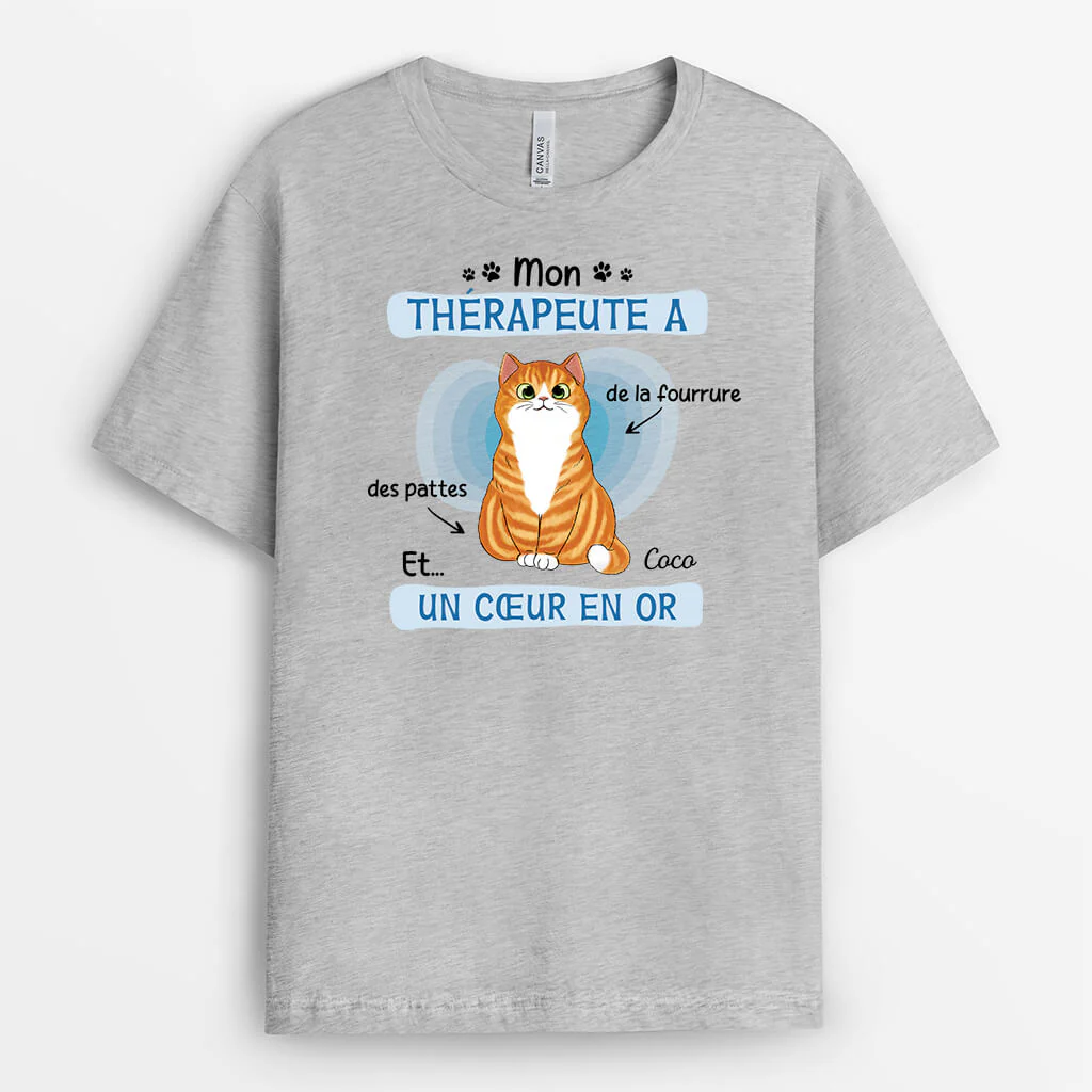 T Shirt Personnalisé Chat - Mon Thérapeute A Un Cœur En Or - Image 2