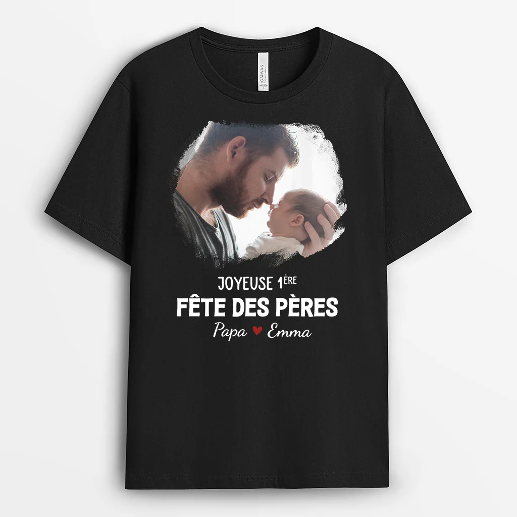 T-shirt Personnalisé Photo - Joyeuse Première Fête Des Pères - Couleur Foncé