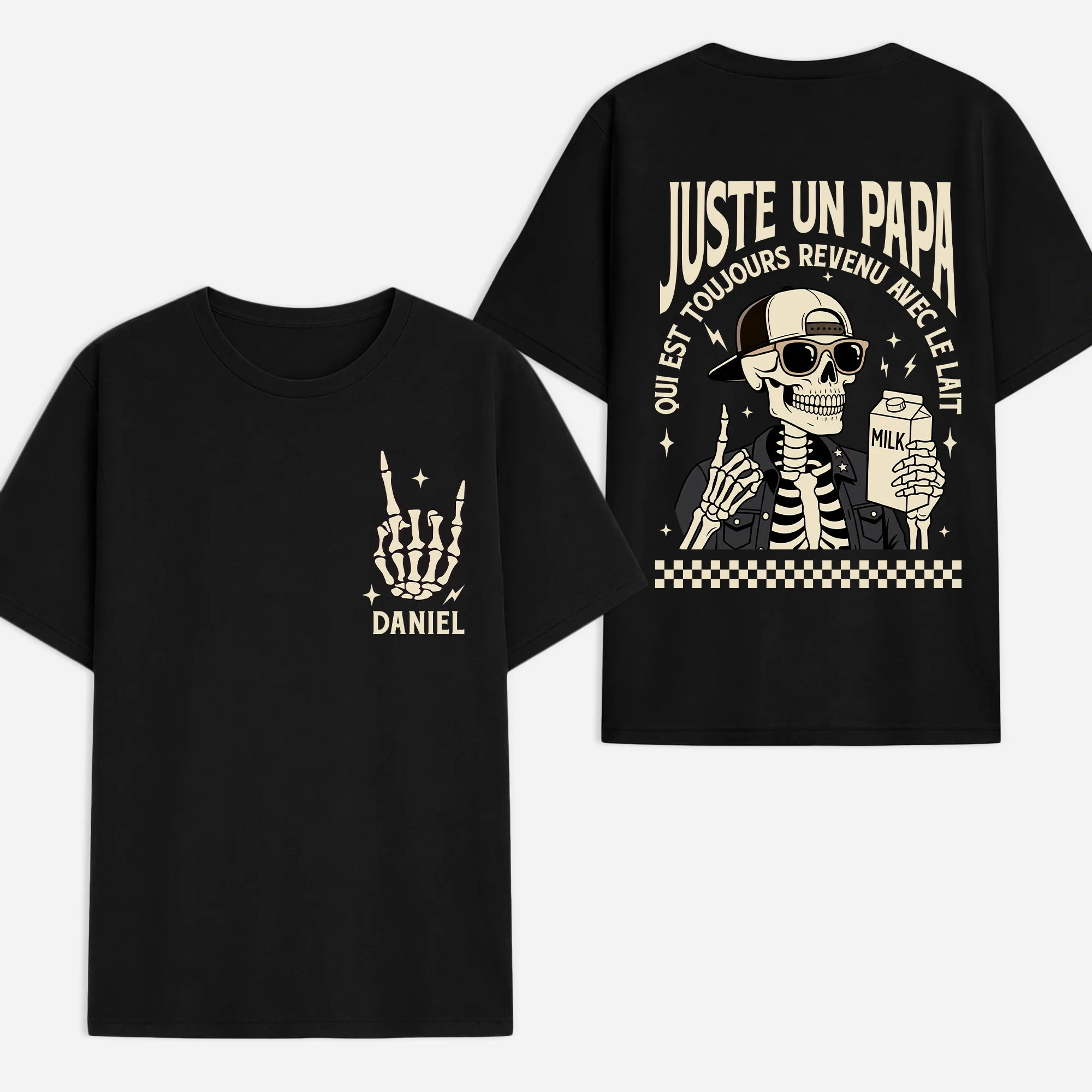 T-shirt Personnalisé Recto Verso Couleur Foncée Avec Humour - Papa Est Revenu Avec Le Lait