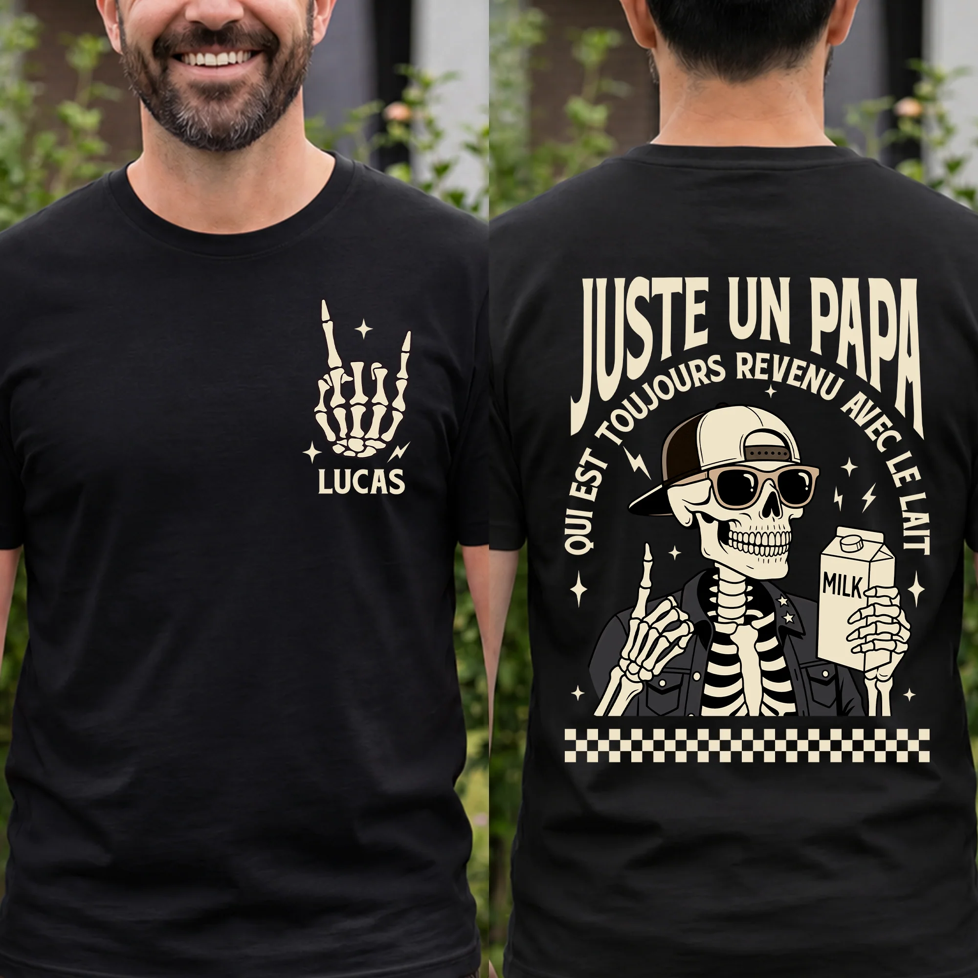 T-shirt Personnalisé Recto Verso Couleur Foncée Avec Humour - Papa Est Revenu Avec Le Lait - Image 2