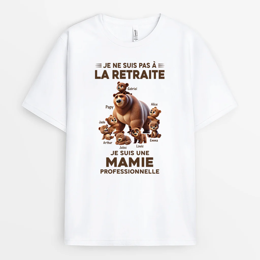 T-shirt Personnalisé Retraite - Mamie Ours Professionnelle - Design Cartoon - Version Blanc